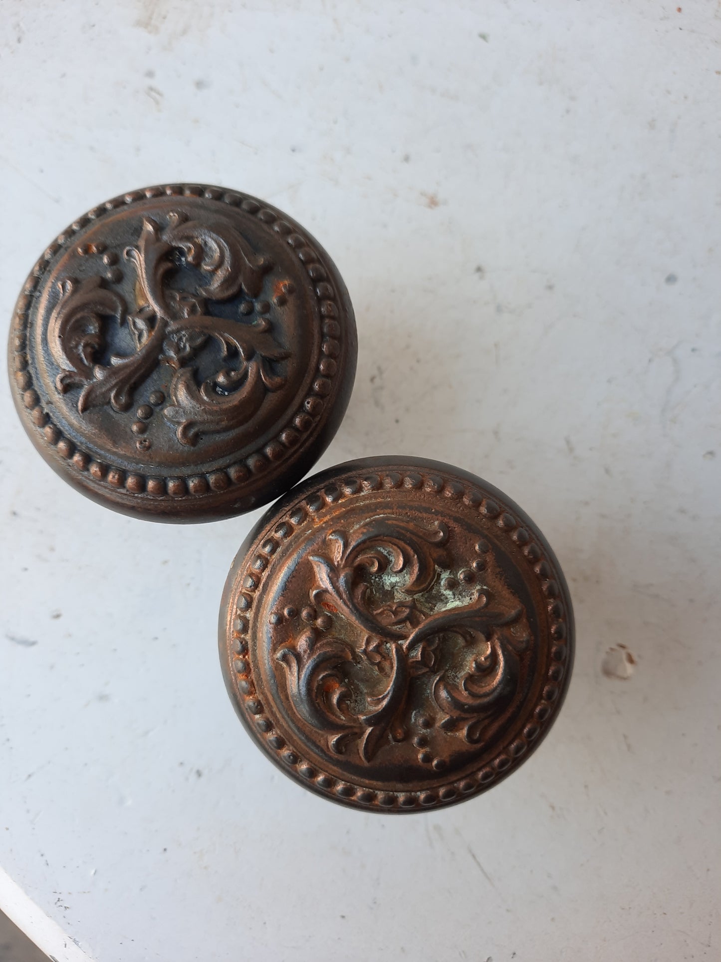Pair of Cast Iron Harrington Doorknobs, Antique Leaf Design Door Knob Set
