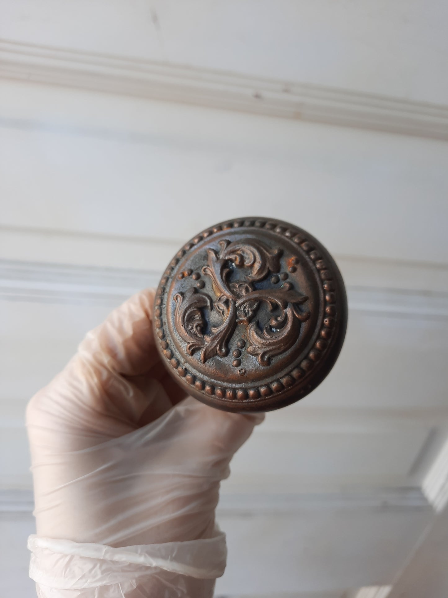 Pair of Cast Iron Harrington Doorknobs, Antique Leaf Design Door Knob Set