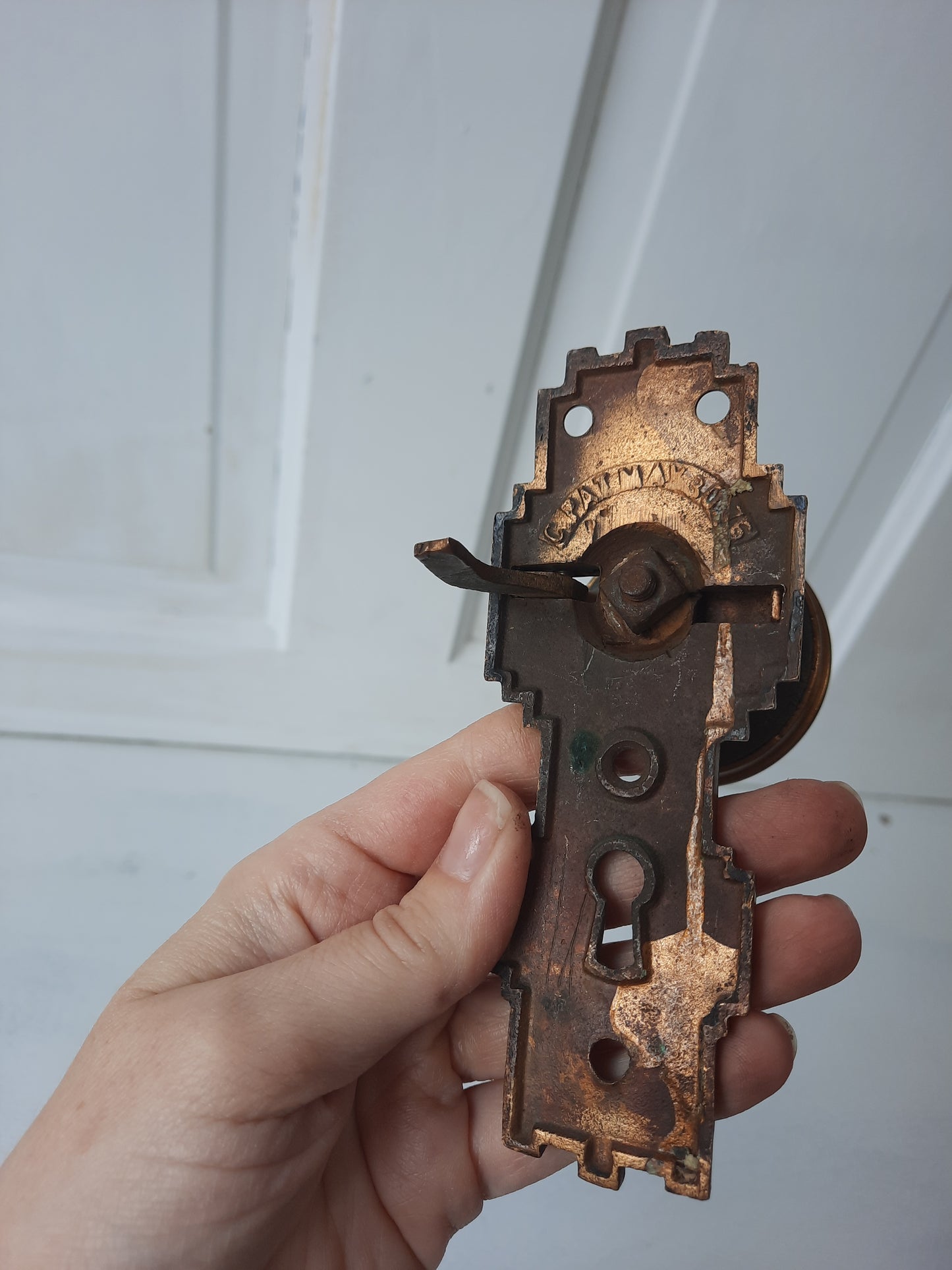 Gilbert Lock Works Antique Bronze Doorknob and Plate Combination