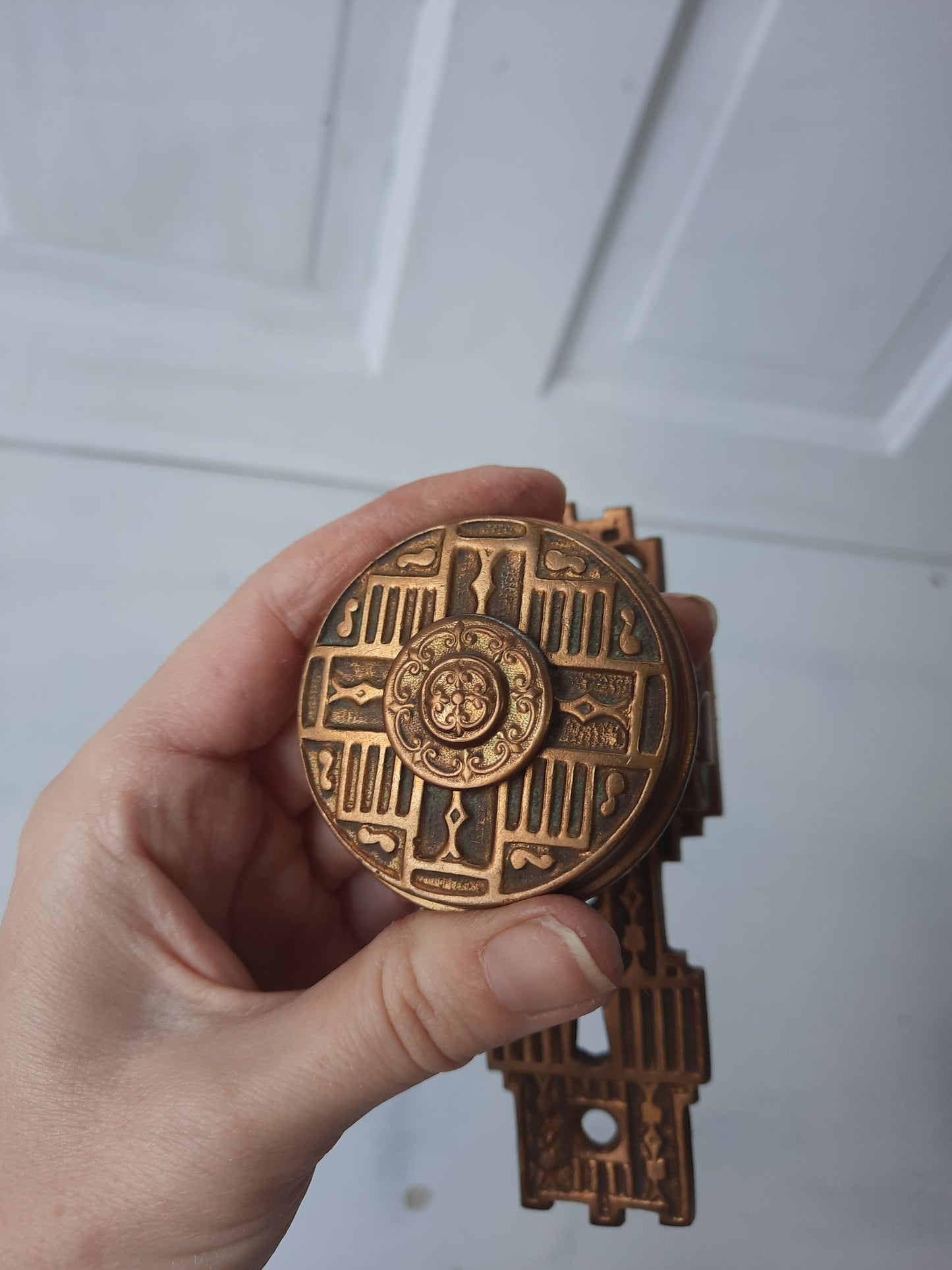 Gilbert Lock Works Antique Bronze Doorknob and Plate Combination