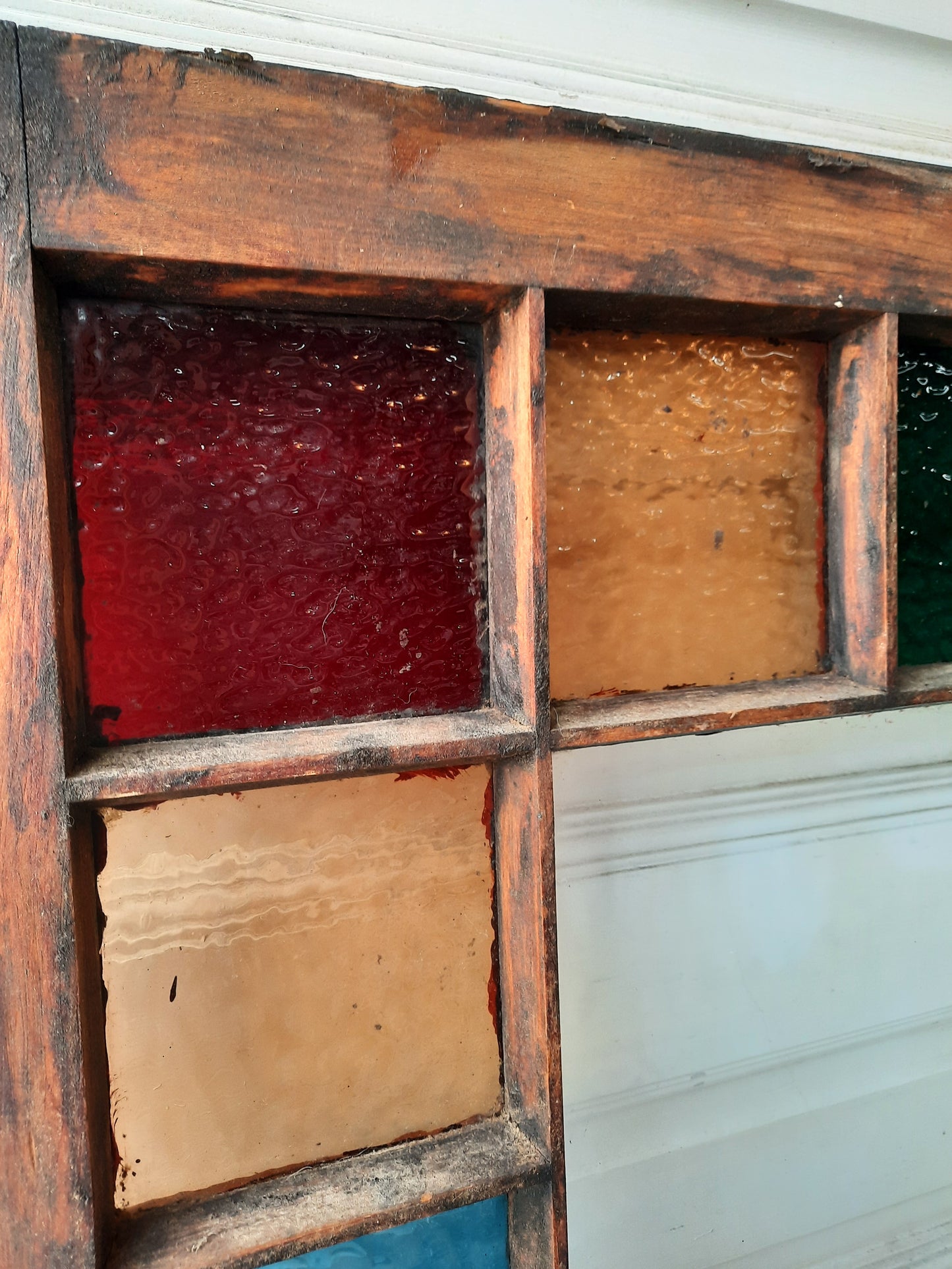 Queen Anne Style Colored Glass Window, Antique Stained Glass Red, Peach, and Blue Window