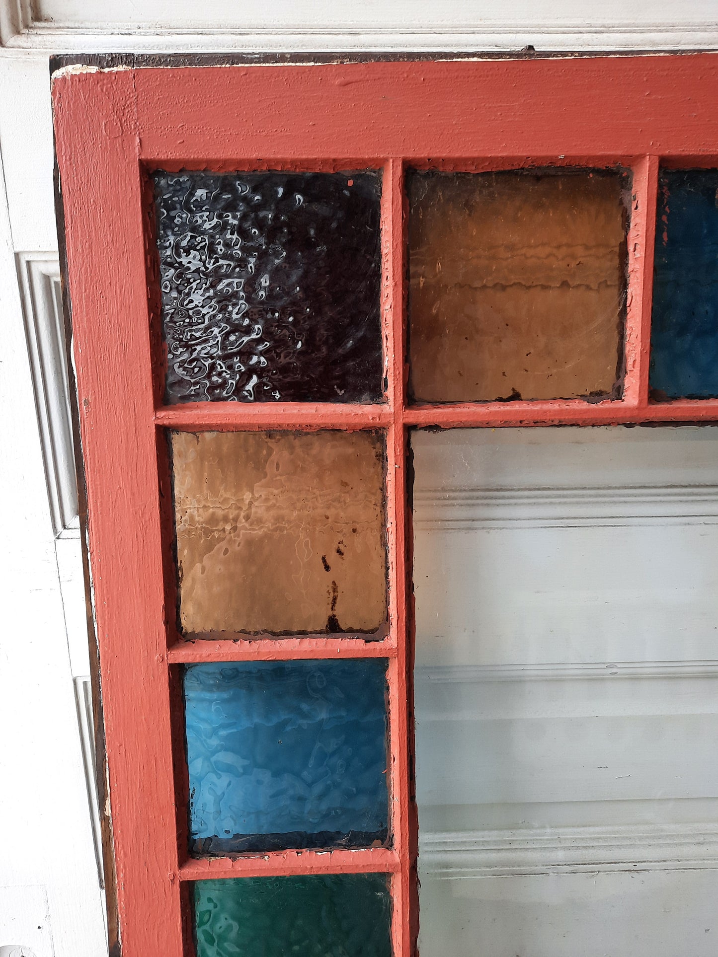 Queen Anne Style Colored Glass Window, Antique Stained Glass Red, Peach, and Blue Window