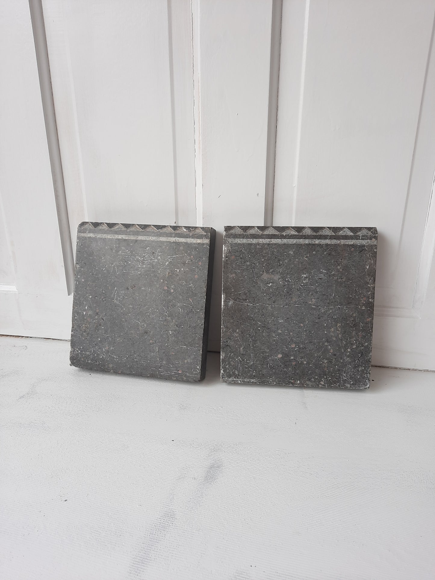 Two Gray Etched Granite Plinth Blocks, Antique Carved Marble or Granite Rosettes or Plinths