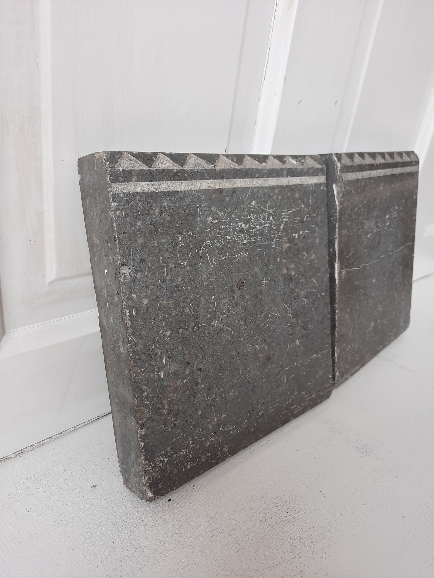 Two Gray Etched Granite Plinth Blocks, Antique Carved Marble or Granite Rosettes or Plinths