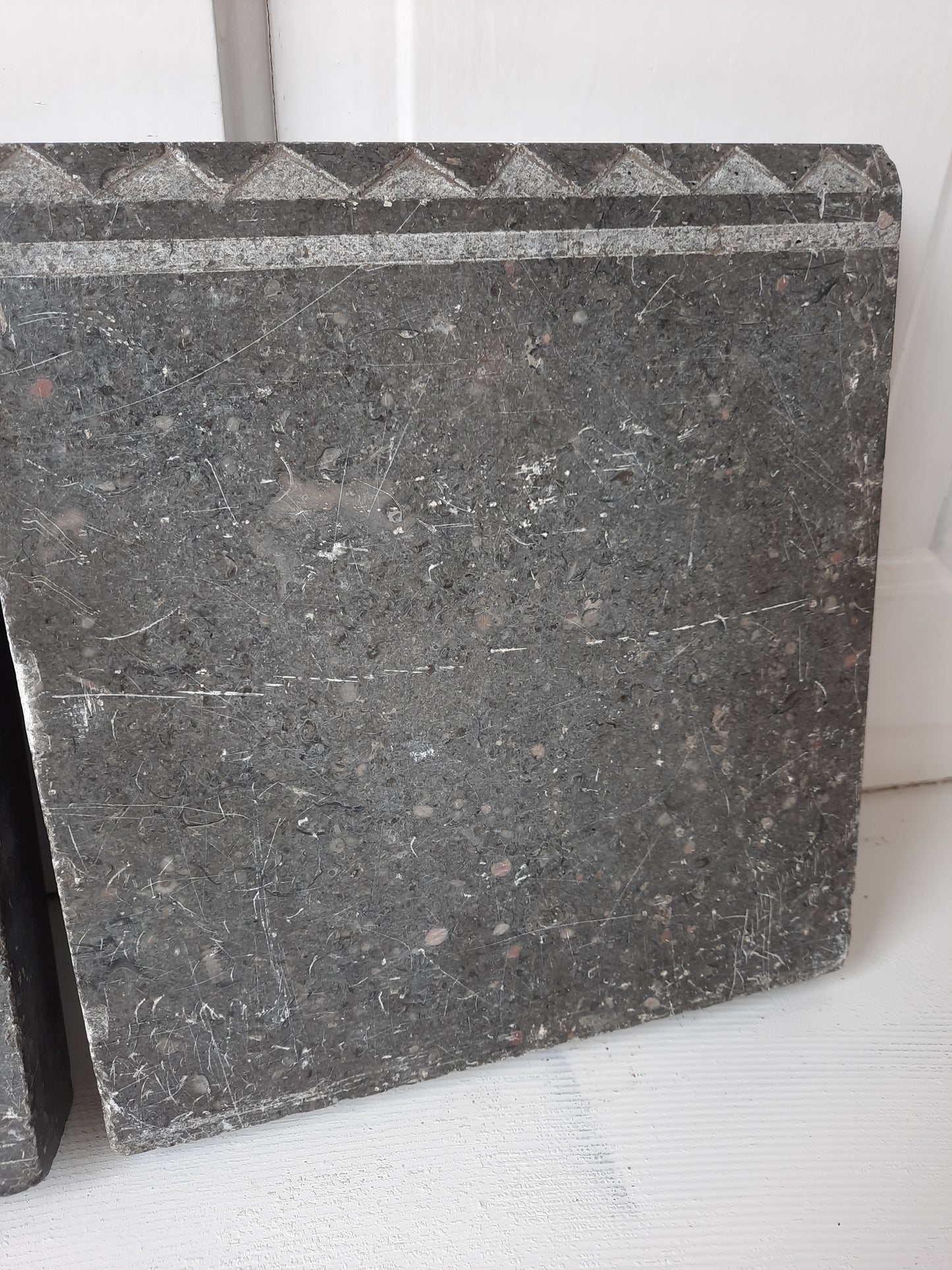 Two Gray Etched Granite Plinth Blocks, Antique Carved Marble or Granite Rosettes or Plinths