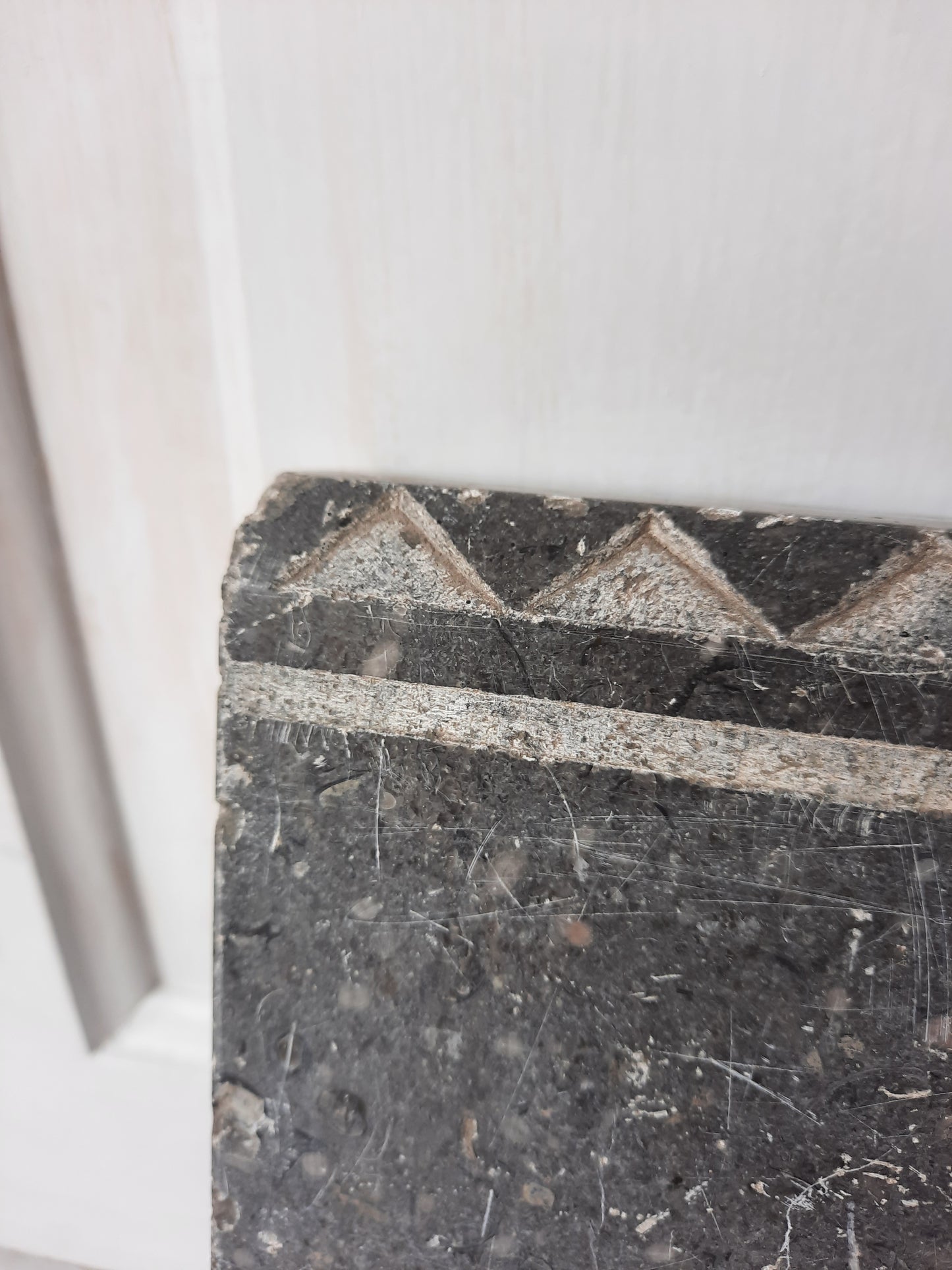 Two Gray Etched Granite Plinth Blocks, Antique Carved Marble or Granite Rosettes or Plinths