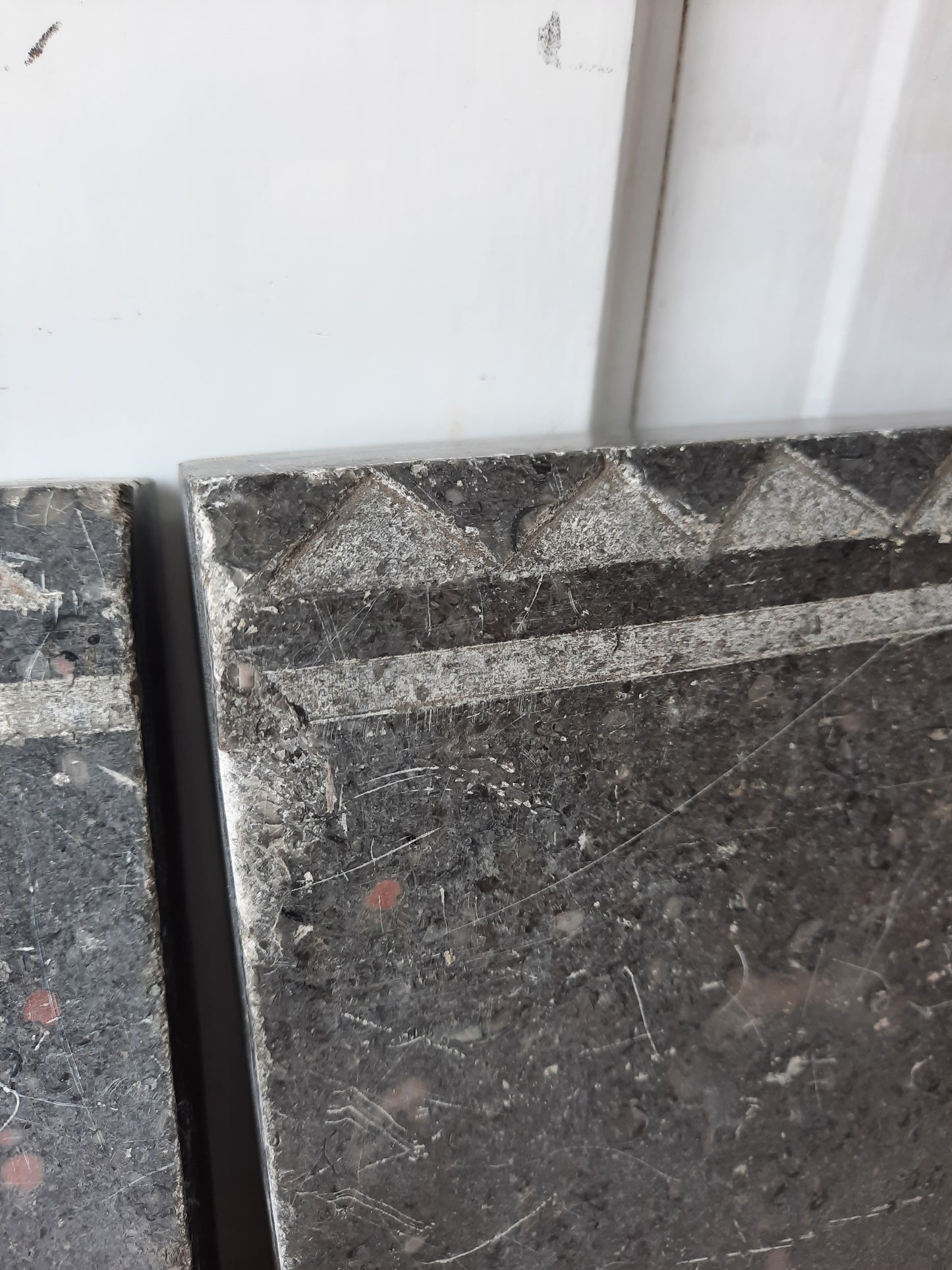 Two Gray Etched Granite Plinth Blocks, Antique Carved Marble or Granite Rosettes or Plinths