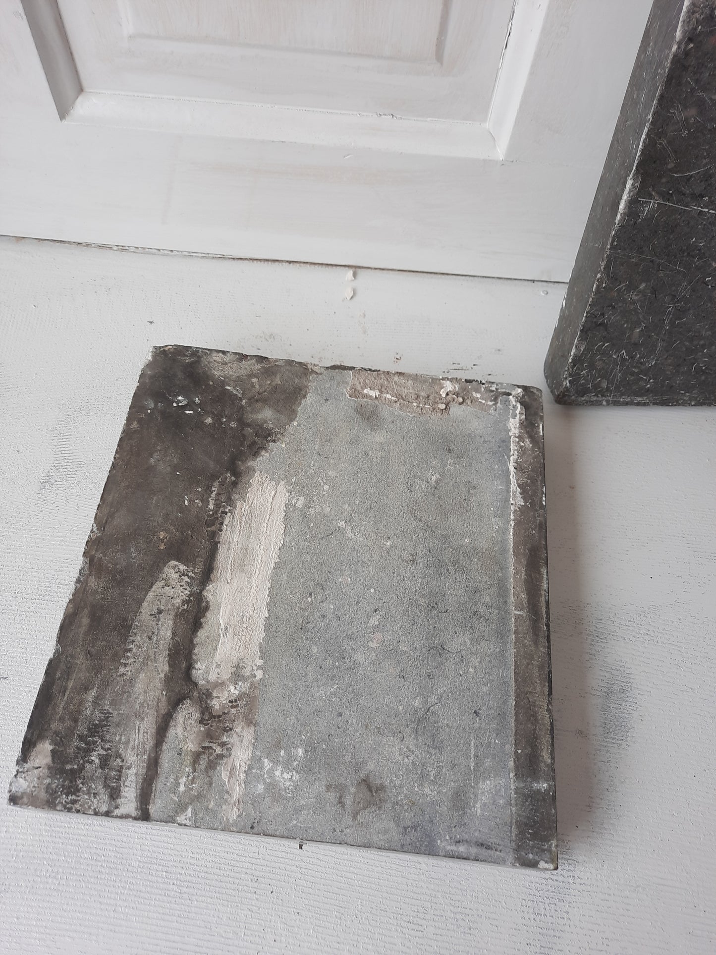 Two Gray Etched Granite Plinth Blocks, Antique Carved Marble or Granite Rosettes or Plinths