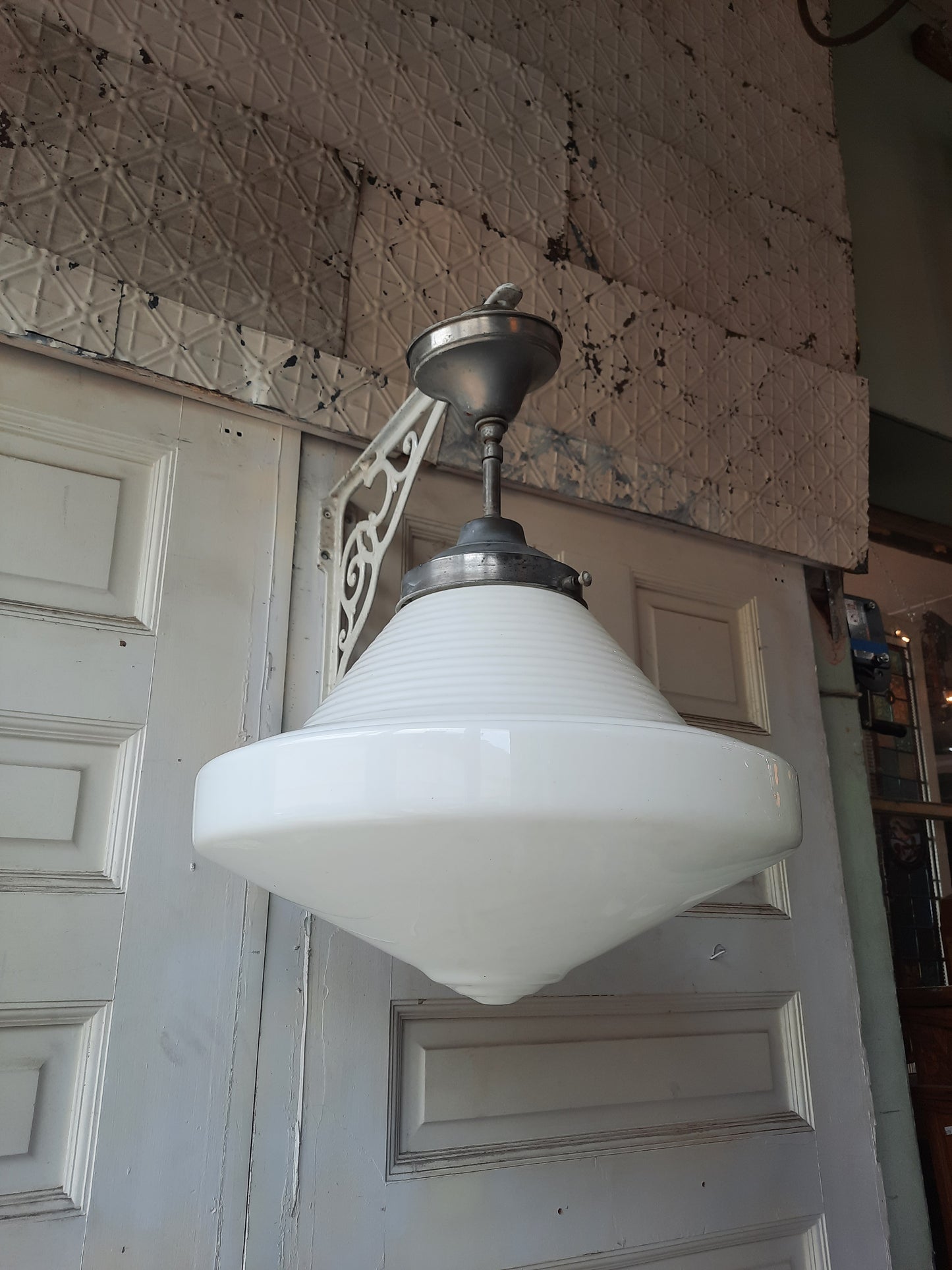 Large Art Deco Schoolhouse Light with Milk Glass Globe, Art Deco Style Silver and White Light