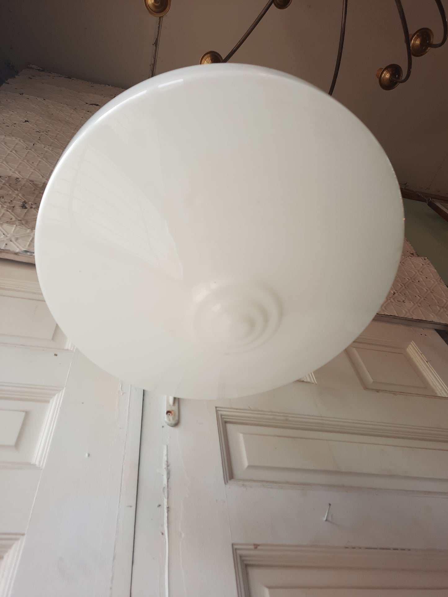 Large Art Deco Schoolhouse Light with Milk Glass Globe, Art Deco Style Silver and White Light