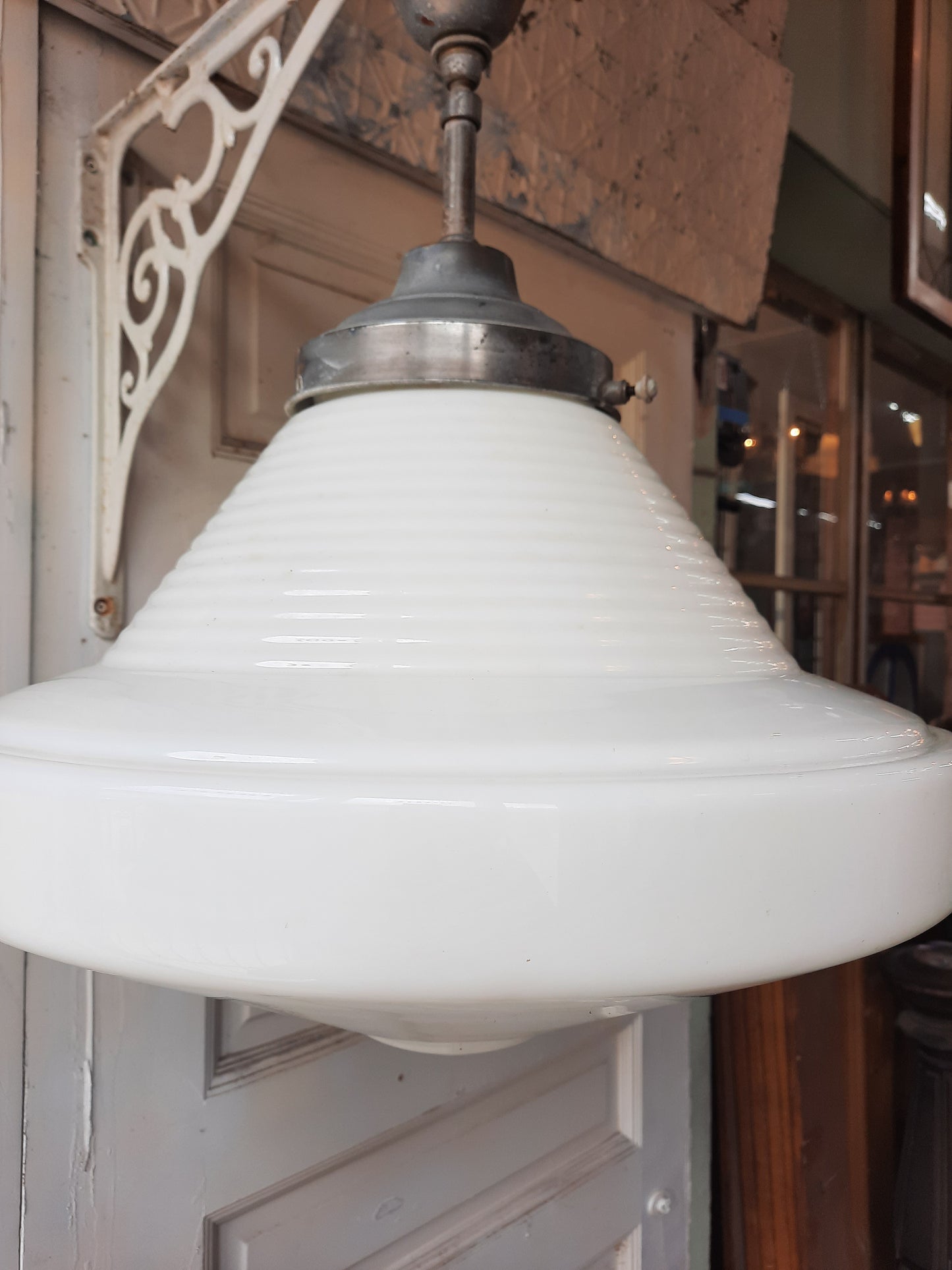 Large Art Deco Schoolhouse Light with Milk Glass Globe, Art Deco Style Silver and White Light