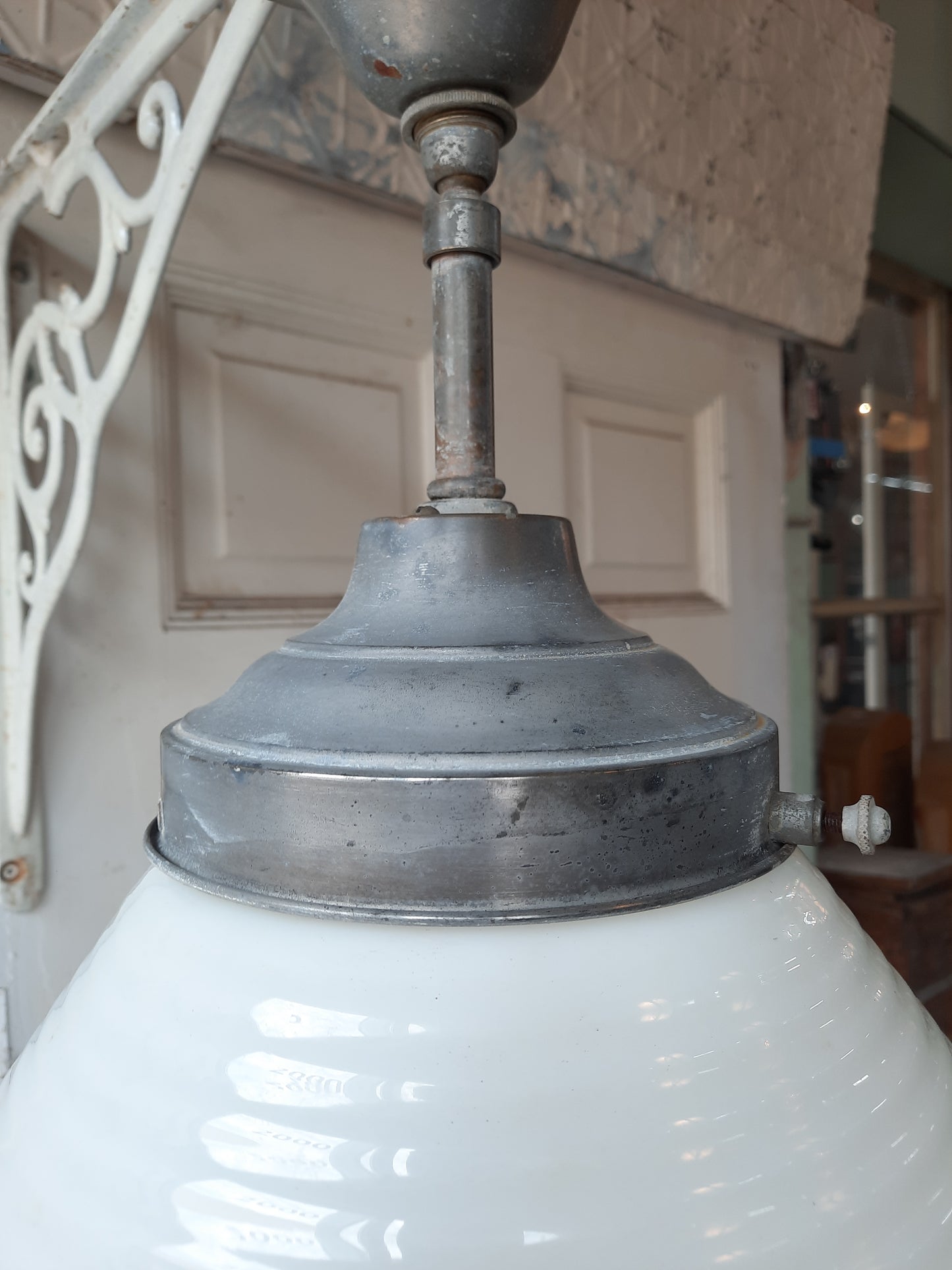 Large Art Deco Schoolhouse Light with Milk Glass Globe, Art Deco Style Silver and White Light