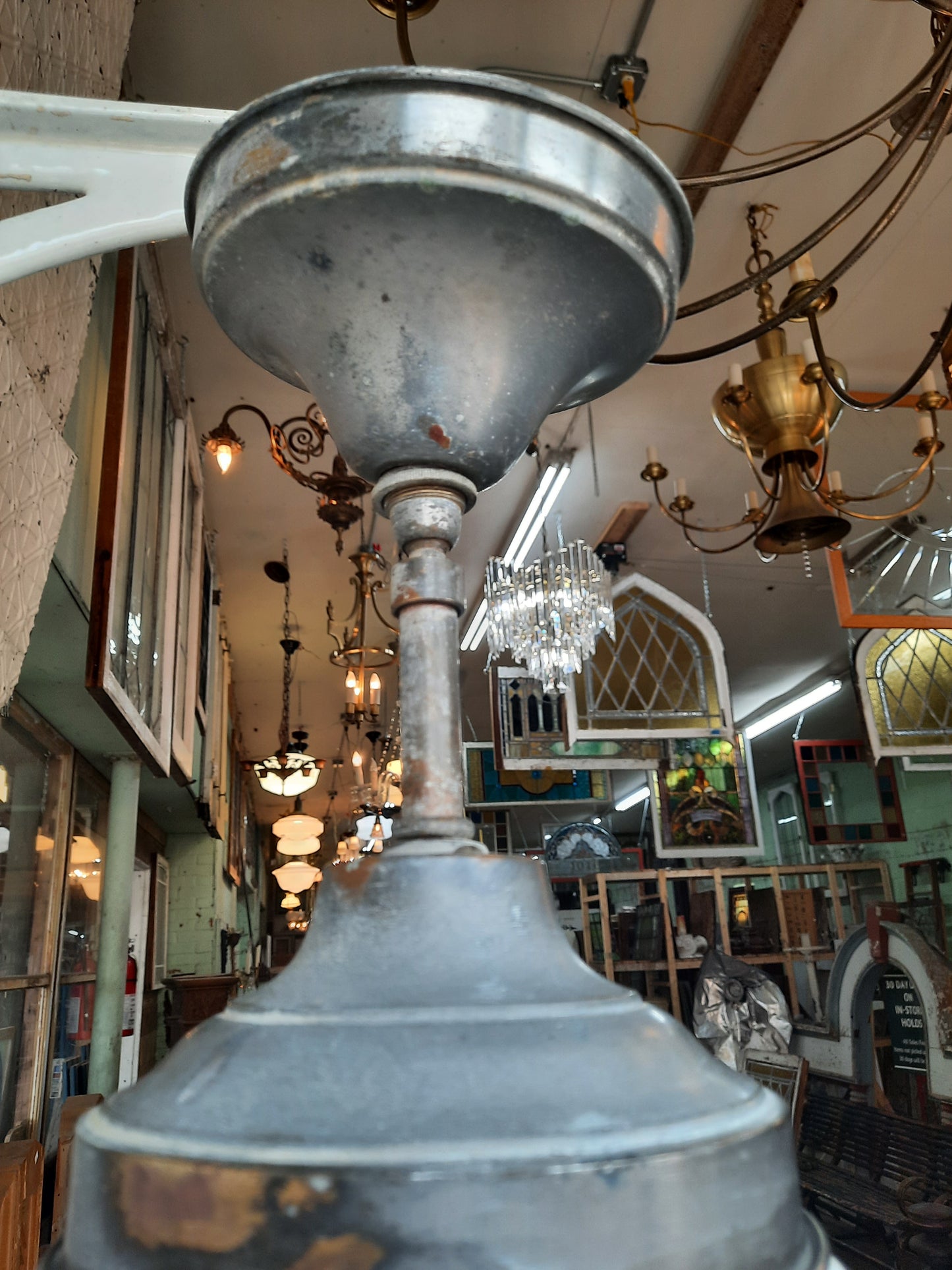 Large Art Deco Schoolhouse Light with Milk Glass Globe, Art Deco Style Silver and White Light