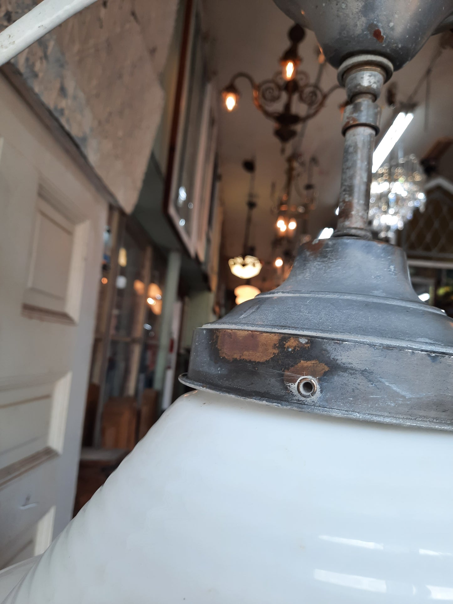 Large Art Deco Schoolhouse Light with Milk Glass Globe, Art Deco Style Silver and White Light