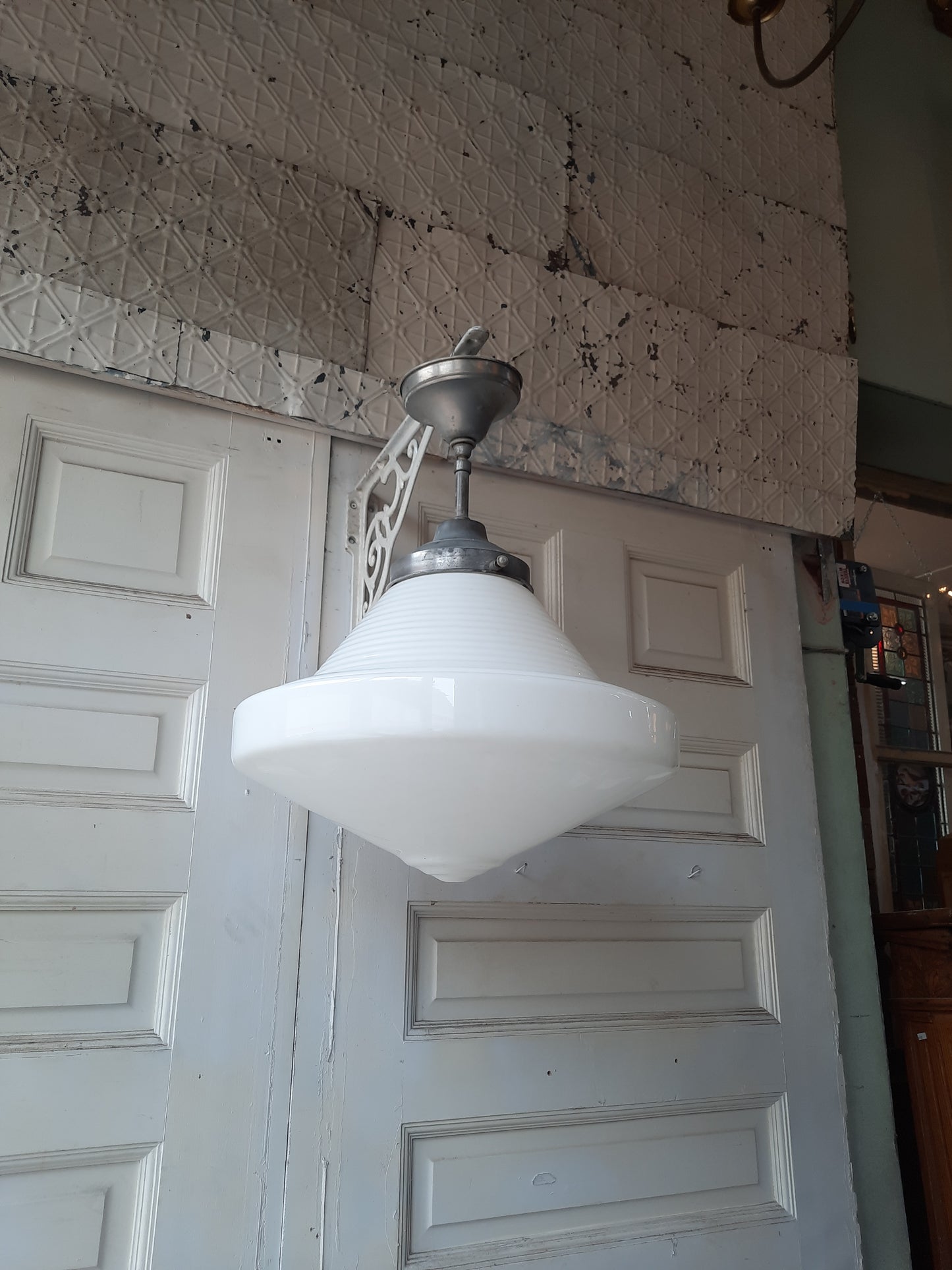 Large Art Deco Schoolhouse Light with Milk Glass Globe, Art Deco Style Silver and White Light