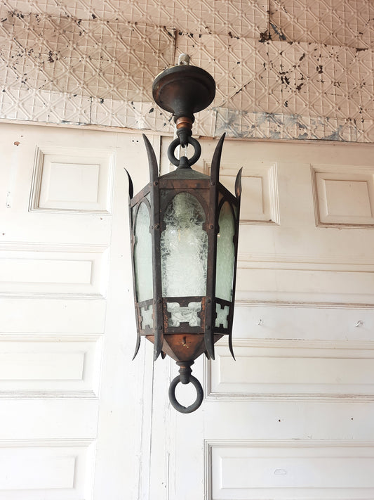 Large Solid Bronze Gothic or Tudor Style Lantern, Vintage Porch Lantern with Textured Glass