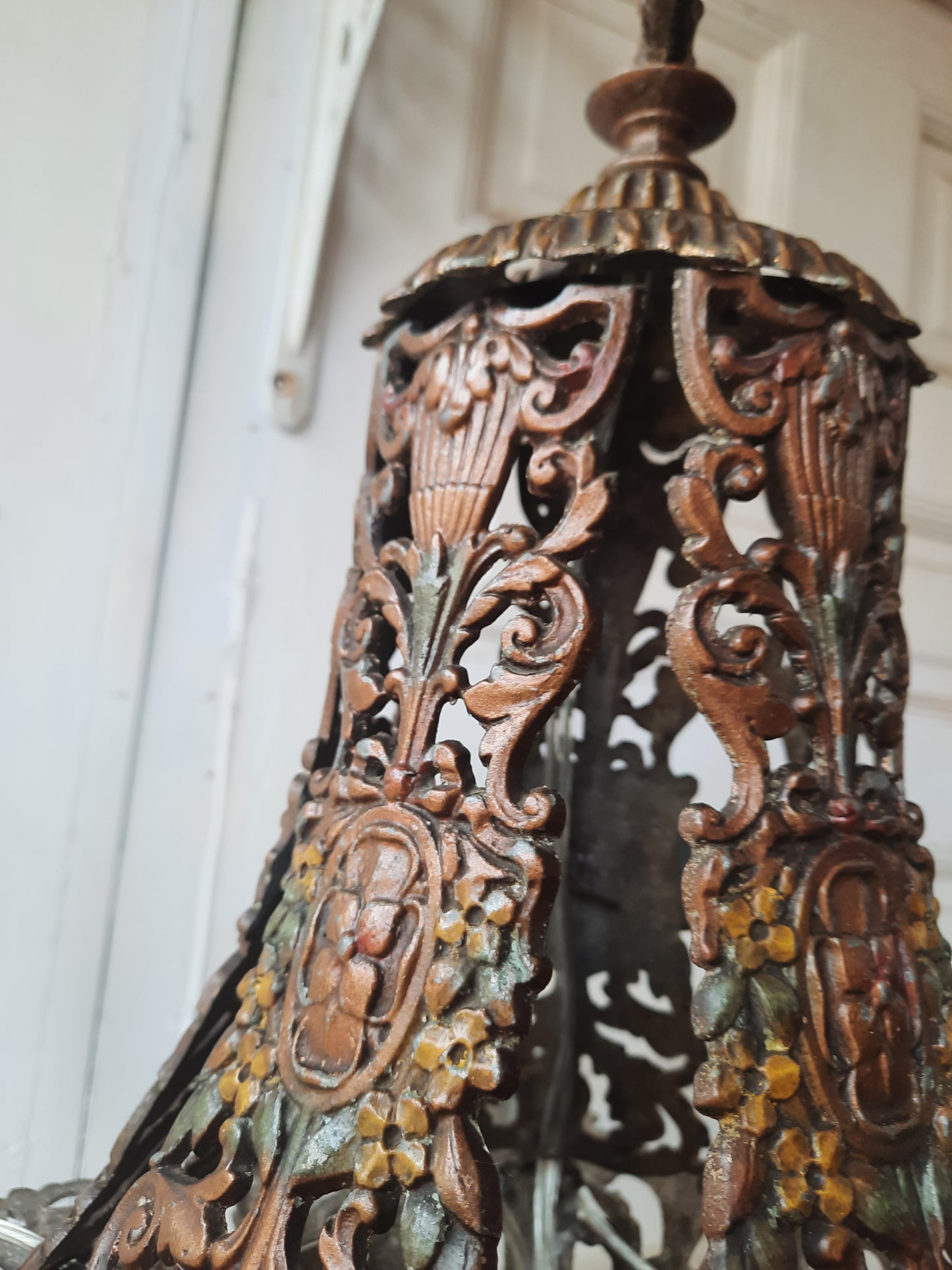 Antique Polychrome Cast Metal Chandelier with Candle Sockets, Hand Painted Fancy Floral Chandelier