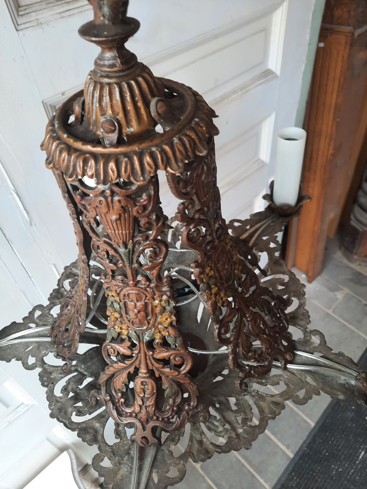 Antique Polychrome Cast Metal Chandelier with Candle Sockets, Hand Painted Fancy Floral Chandelier