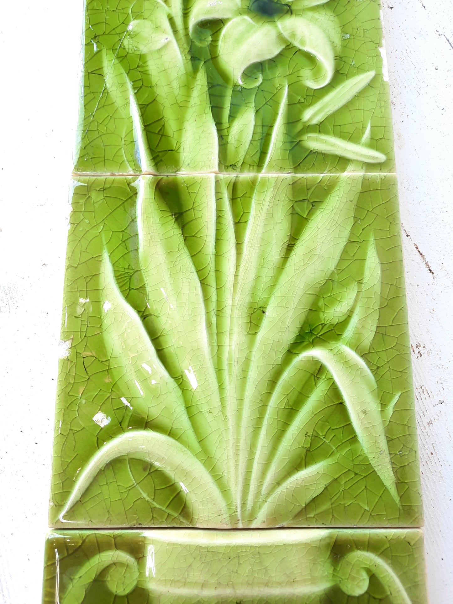 Set of AET Vase and Flower Tiles, Figural Fireplace Tile Set Green Glaze