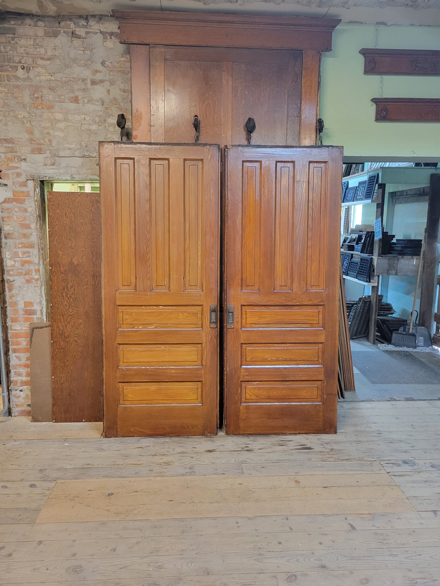 72" Wide Antique Double Pocket Door Set, Set of Large Wood Rolling Doors