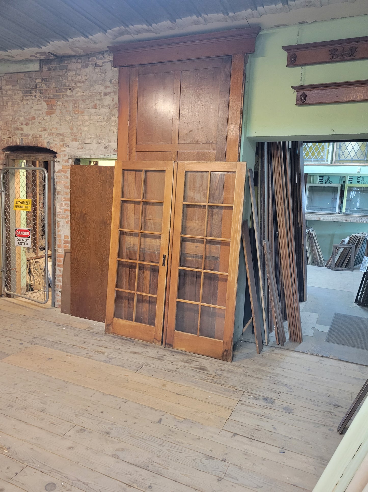 60" Antique Wood French Door Pair, Set of Glass 10 Pane Double Doors