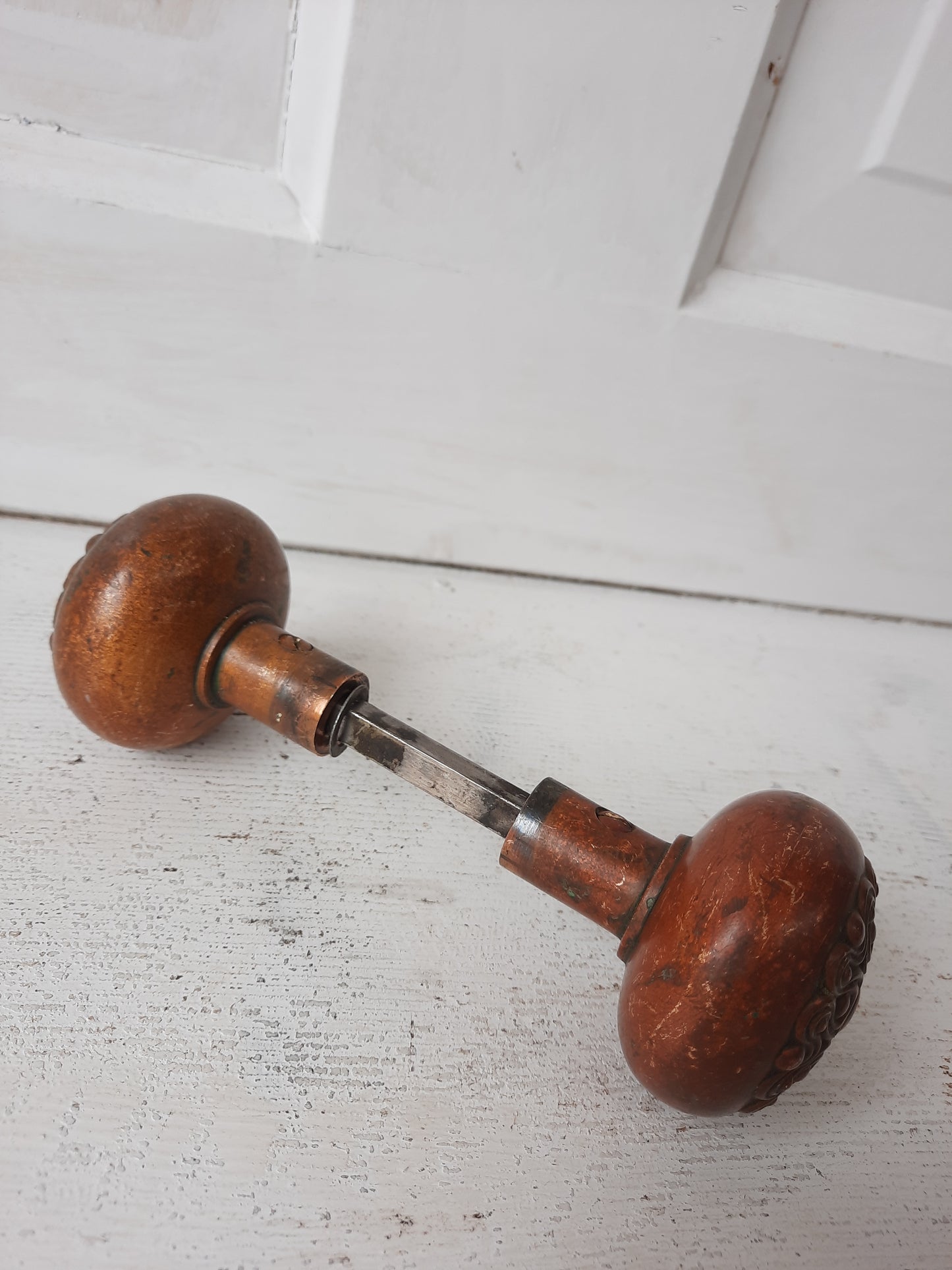 Delphi Pattern Doorknob Set by Russell Erwin, Antique Swirl Design Bronze Door Knob Pair
