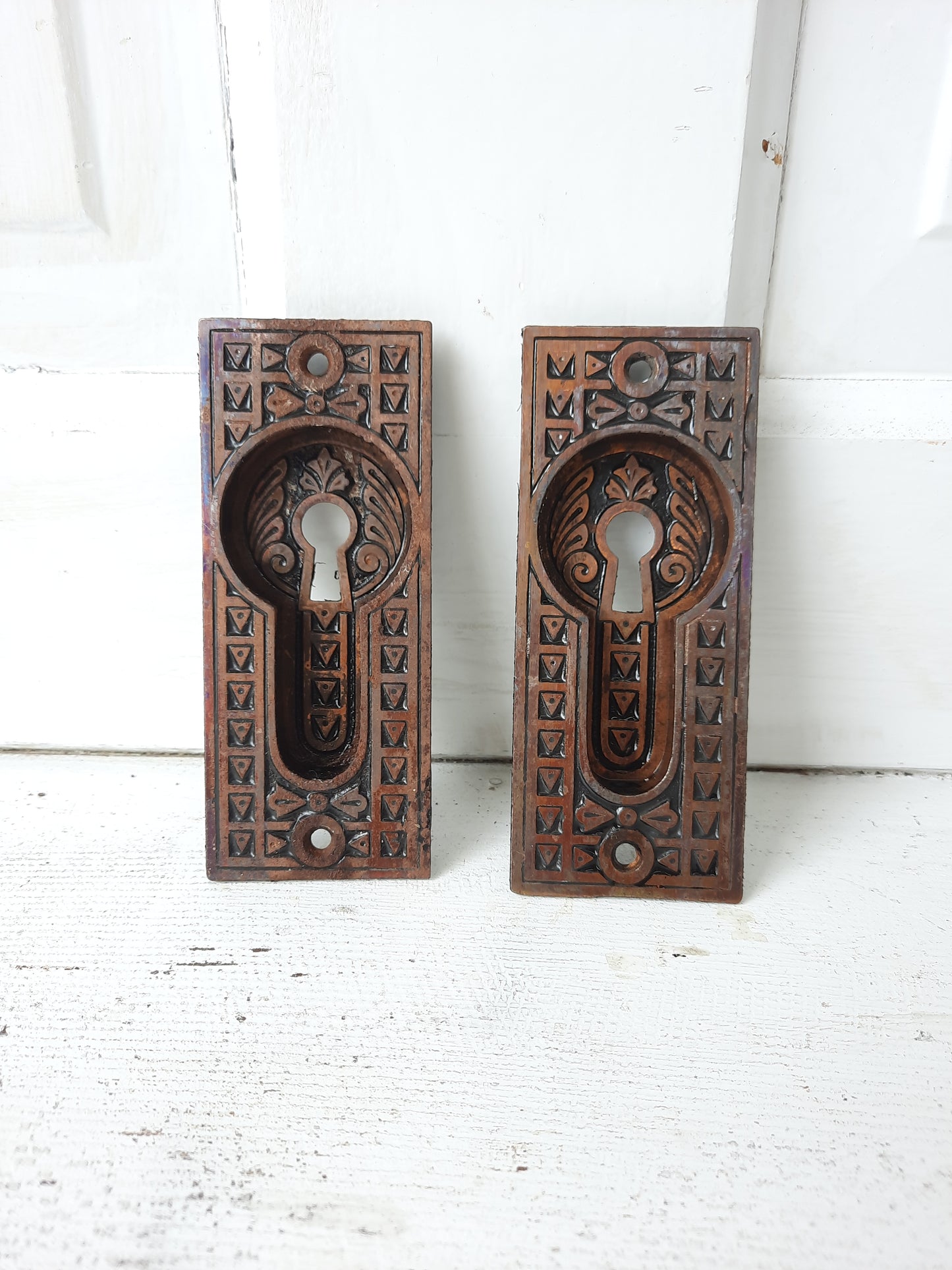 Iron and Brass Plated Stamped Pocket Door Pulls, Eastlake Style Antique Rolling Door Handles