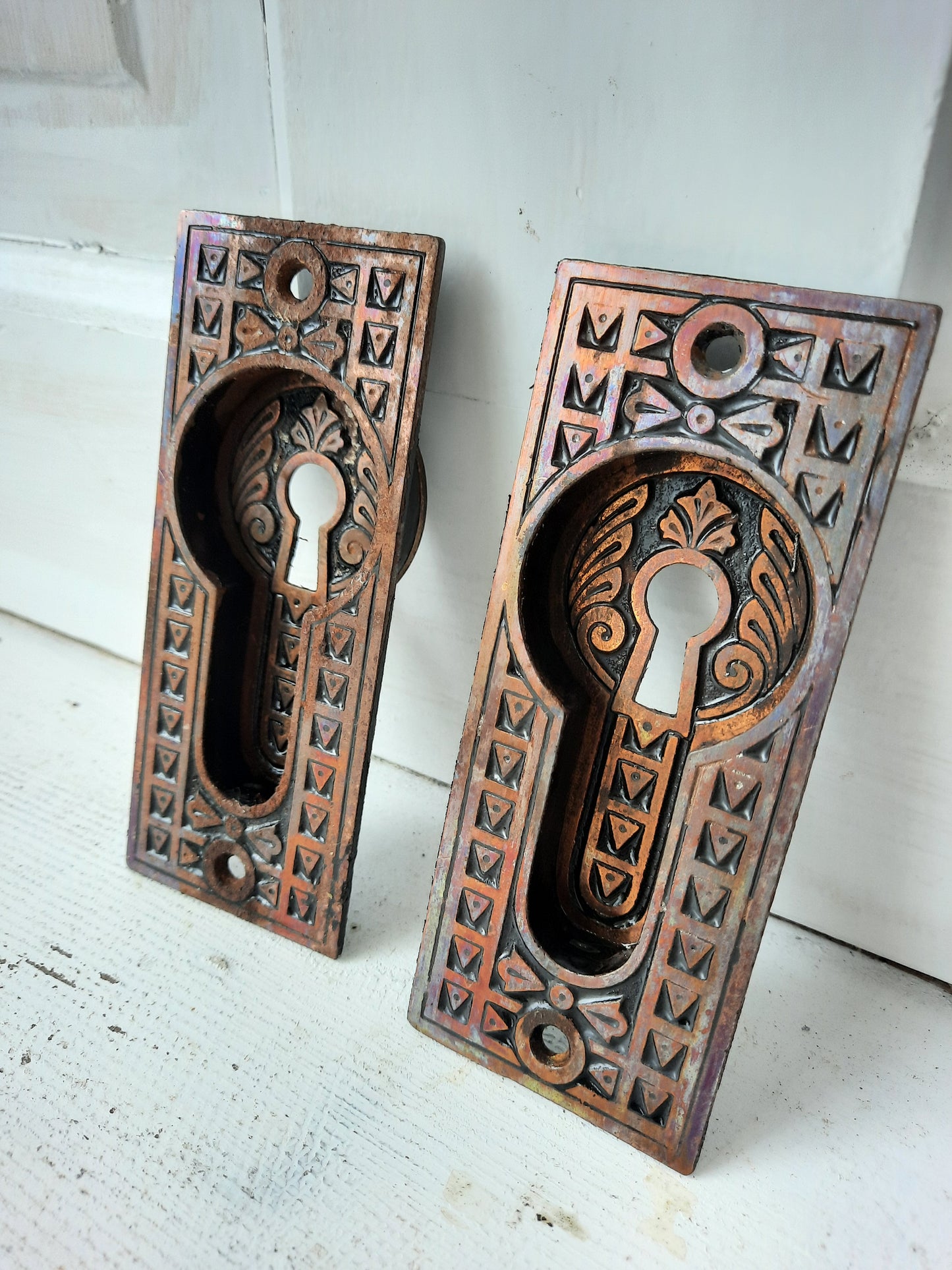 Iron and Brass Plated Stamped Pocket Door Pulls, Eastlake Style Antique Rolling Door Handles