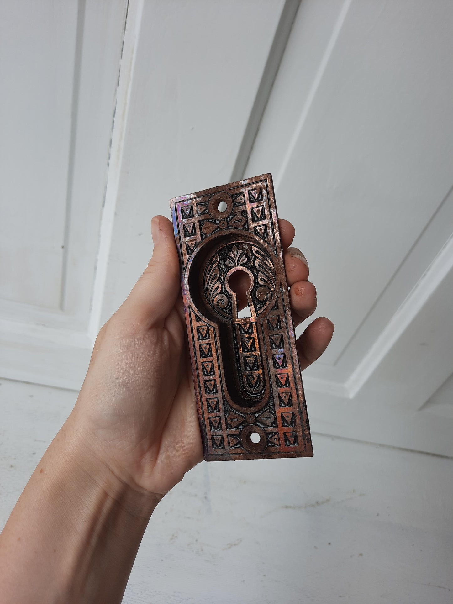 Iron and Brass Plated Stamped Pocket Door Pulls, Eastlake Style Antique Rolling Door Handles