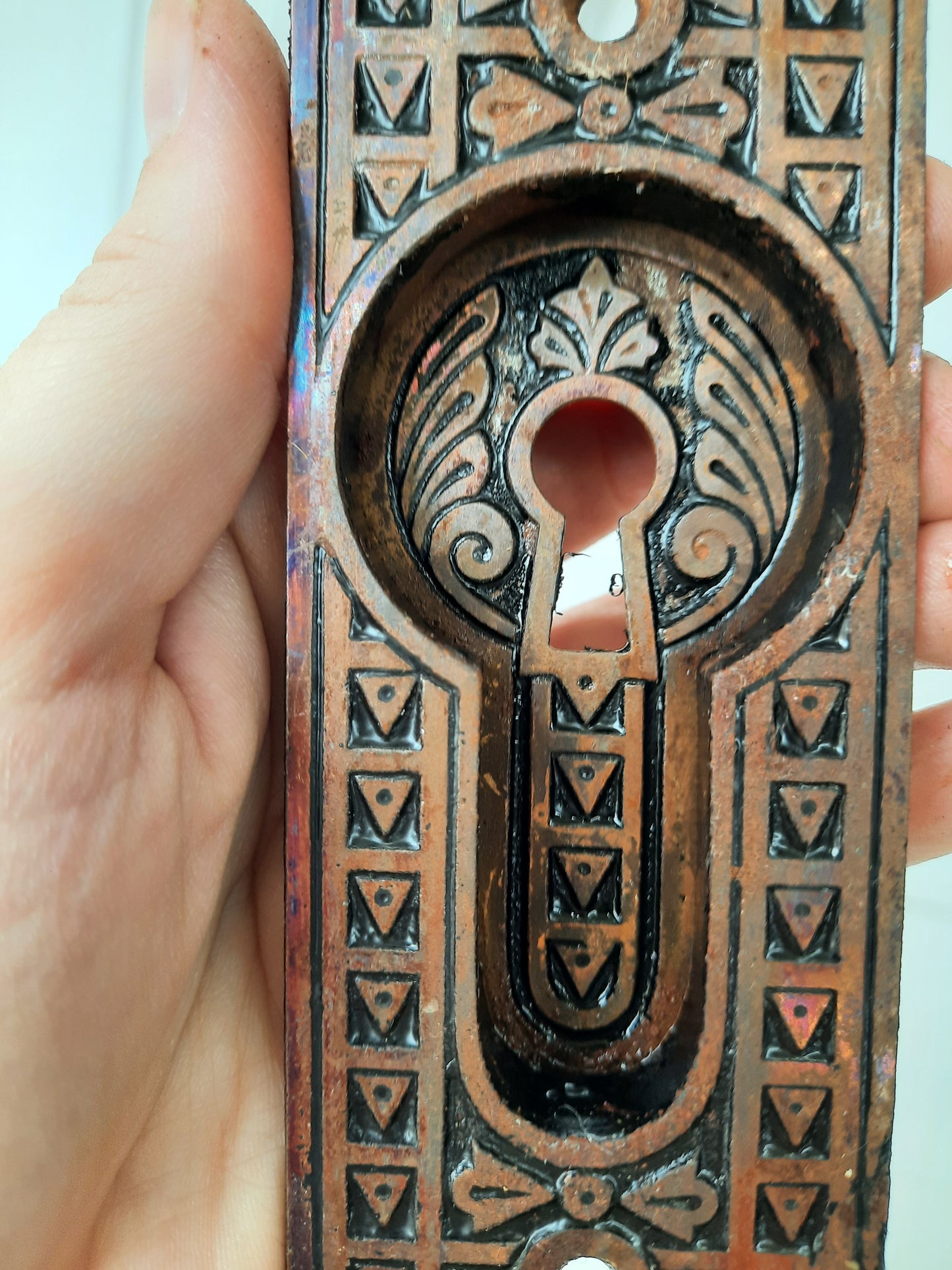 Iron and Brass Plated Stamped Pocket Door Pulls, Eastlake Style Antique Rolling Door Handles
