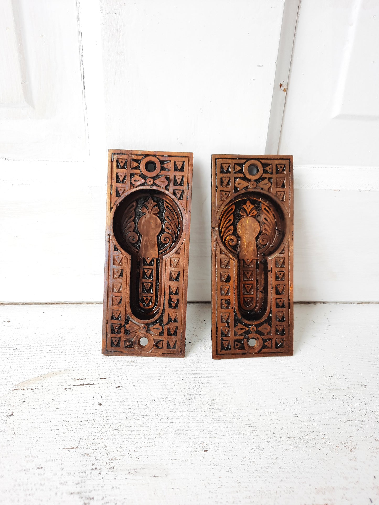 Iron and Brass Plated Stamped Pocket Door Pulls, Eastlake Style Antique Rolling Door Handles
