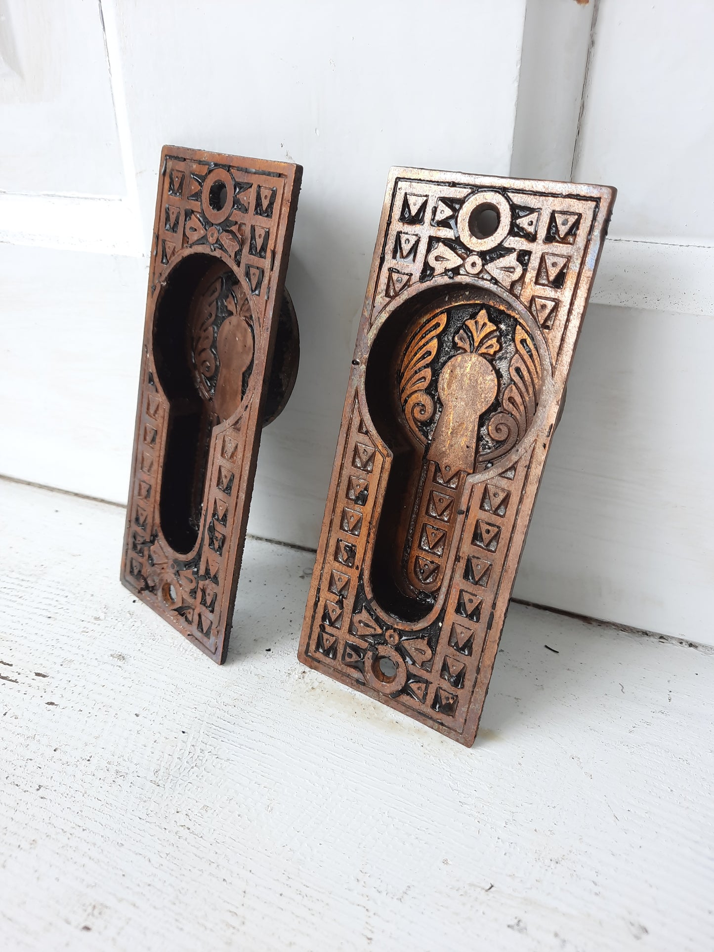 Iron and Brass Plated Stamped Pocket Door Pulls, Eastlake Style Antique Rolling Door Handles