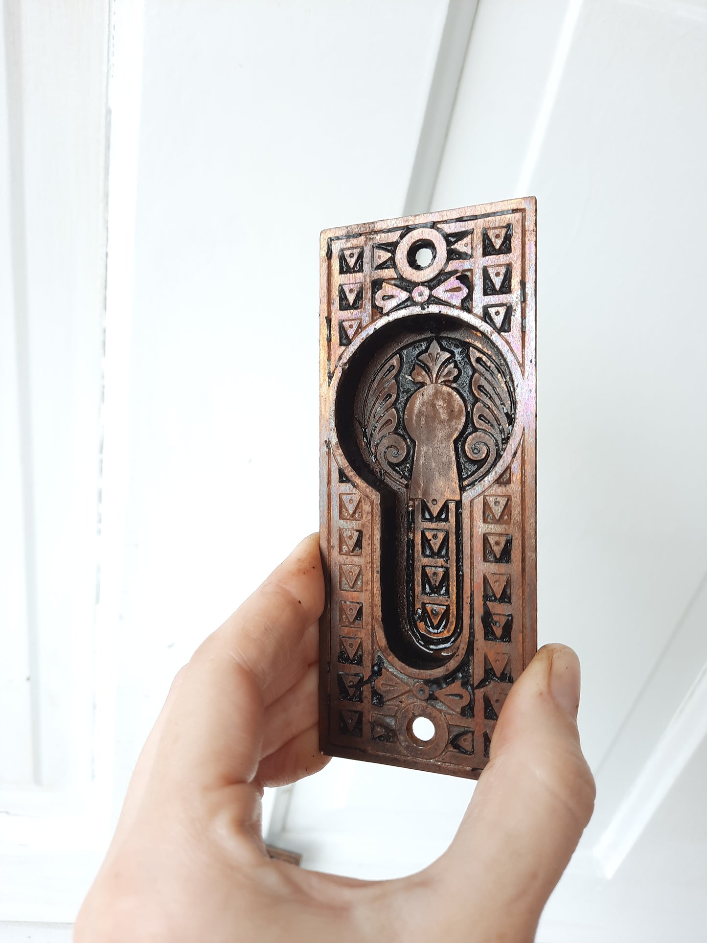 Iron and Brass Plated Stamped Pocket Door Pulls, Eastlake Style Antique Rolling Door Handles