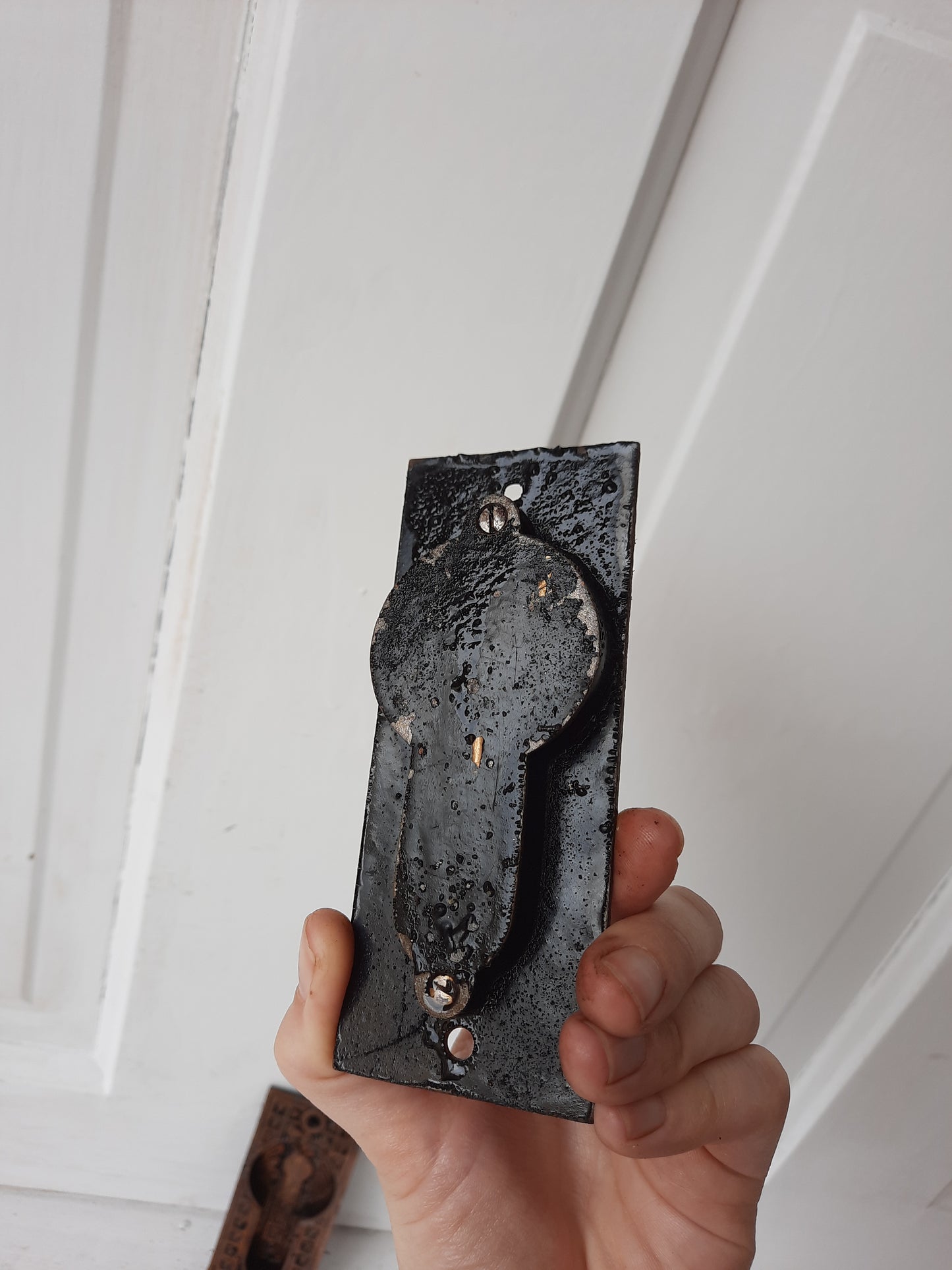 Iron and Brass Plated Stamped Pocket Door Pulls, Eastlake Style Antique Rolling Door Handles