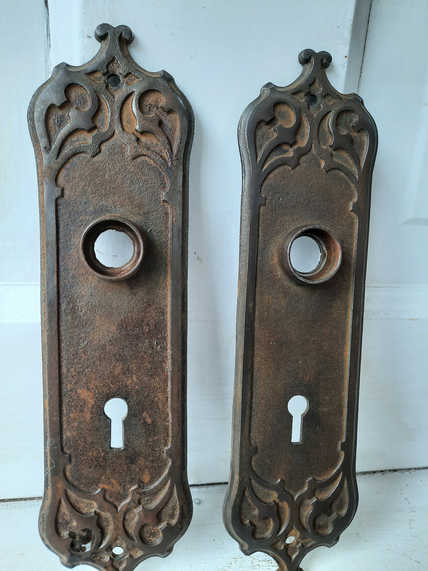 Two Gothic Style Iron Backplates, Ornate Cast Iron Doorknob Back Plates