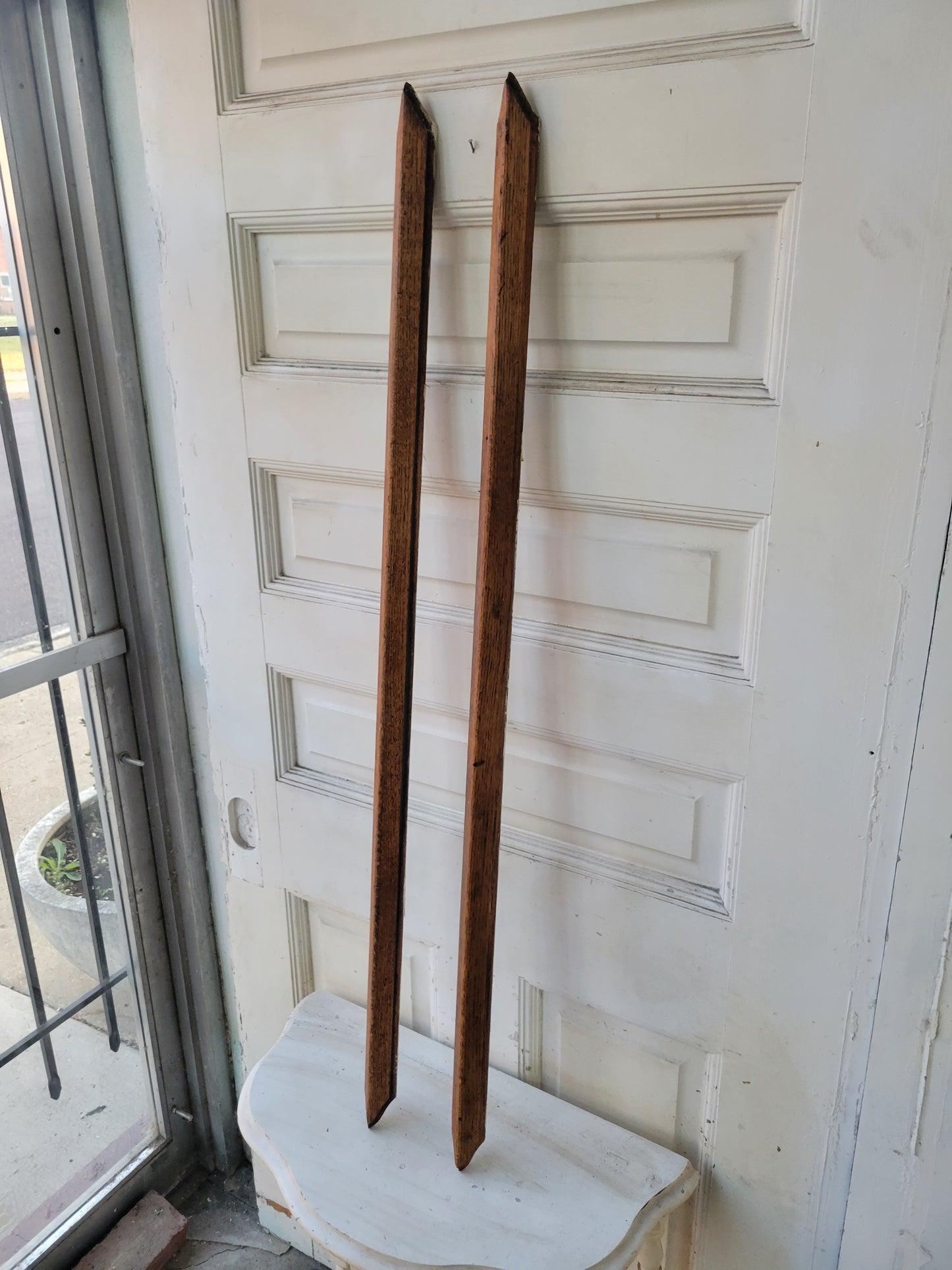 Two Antique Trim Corner Guards, Turned Wood Corner Trim Piece, #062103