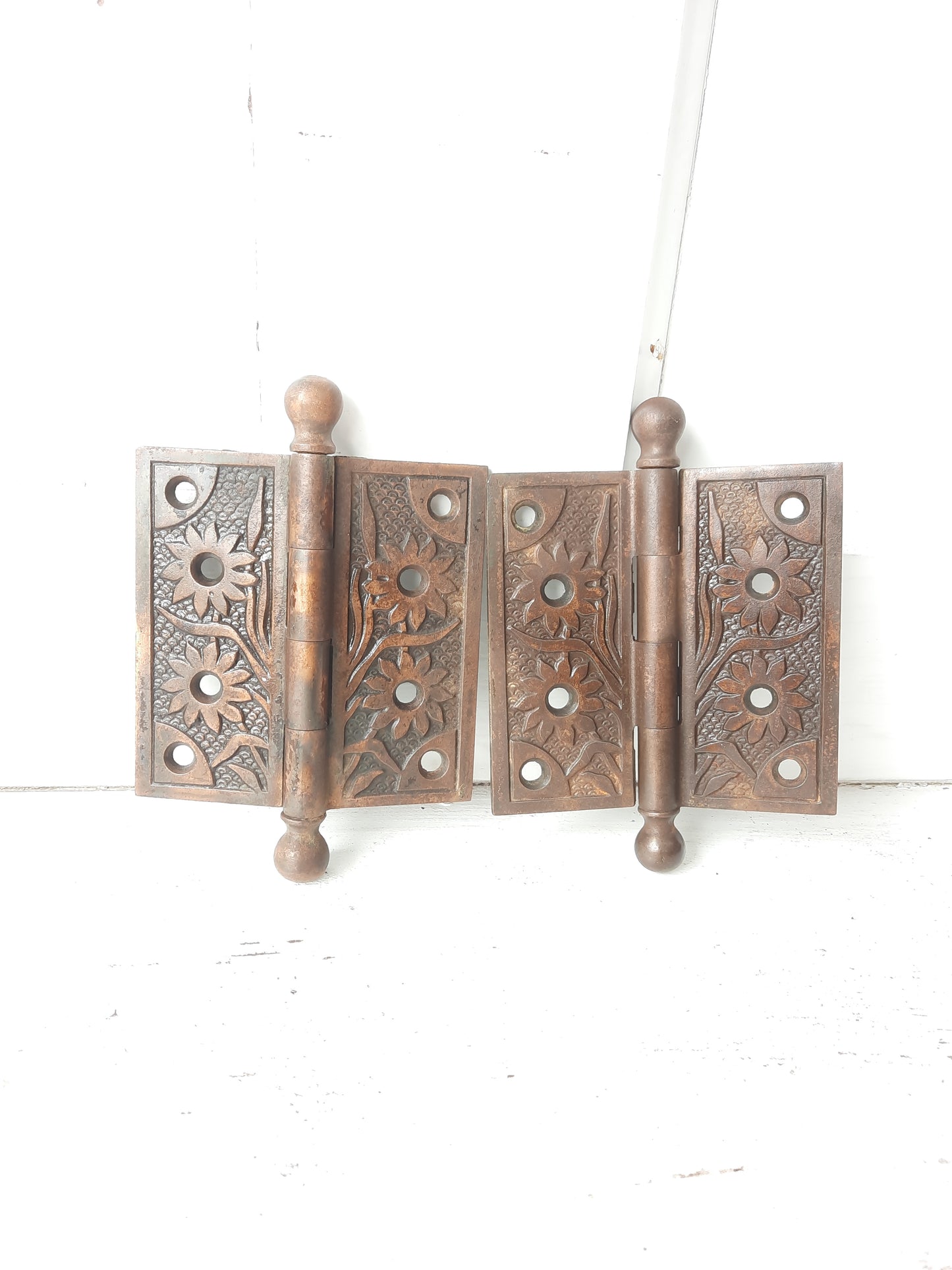 Two Ornate 4x4 Antique Hinges, Victorian Iron Ornate Pattern Door Hinges