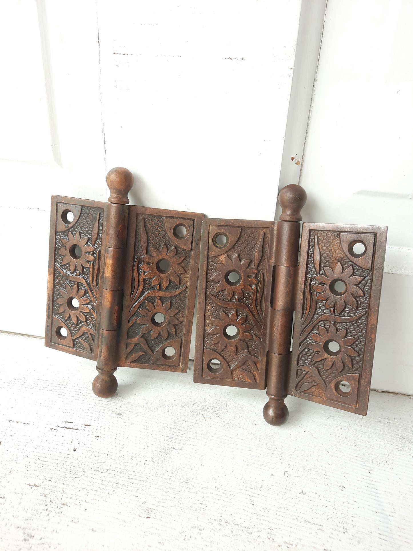 Two Ornate 4x4 Antique Hinges, Victorian Iron Ornate Pattern Door Hinges