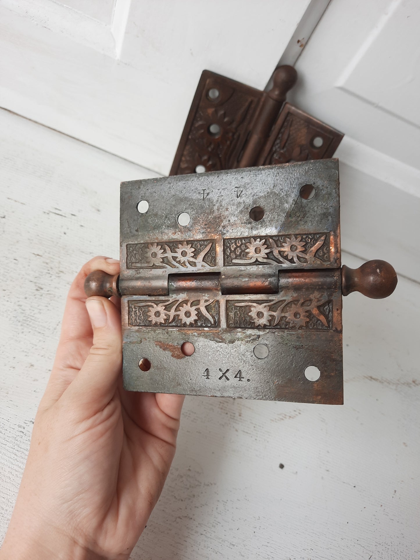 Two Ornate 4x4 Antique Hinges, Victorian Iron Ornate Pattern Door Hinges