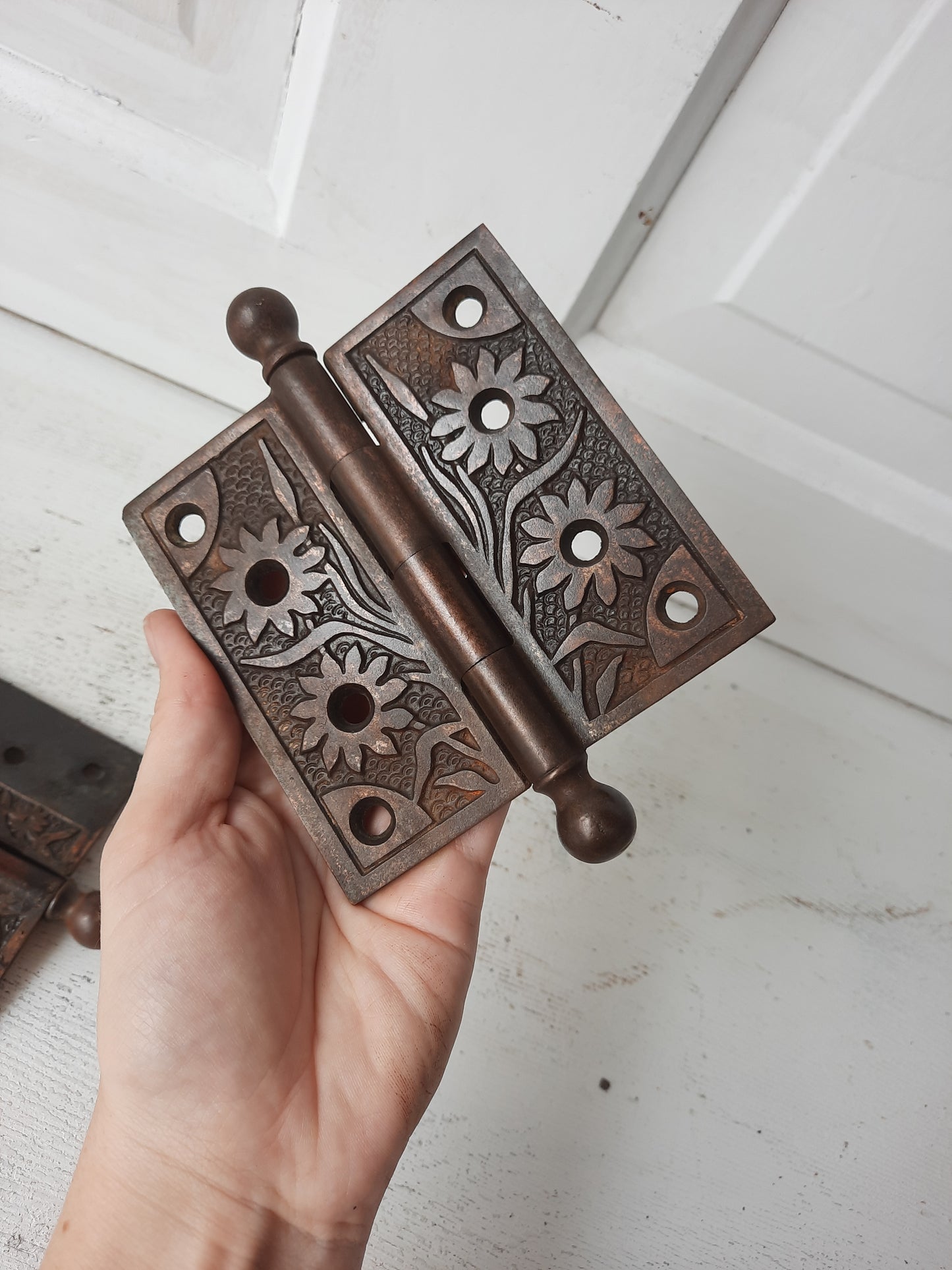 Two Ornate 4x4 Antique Hinges, Victorian Iron Ornate Pattern Door Hinges