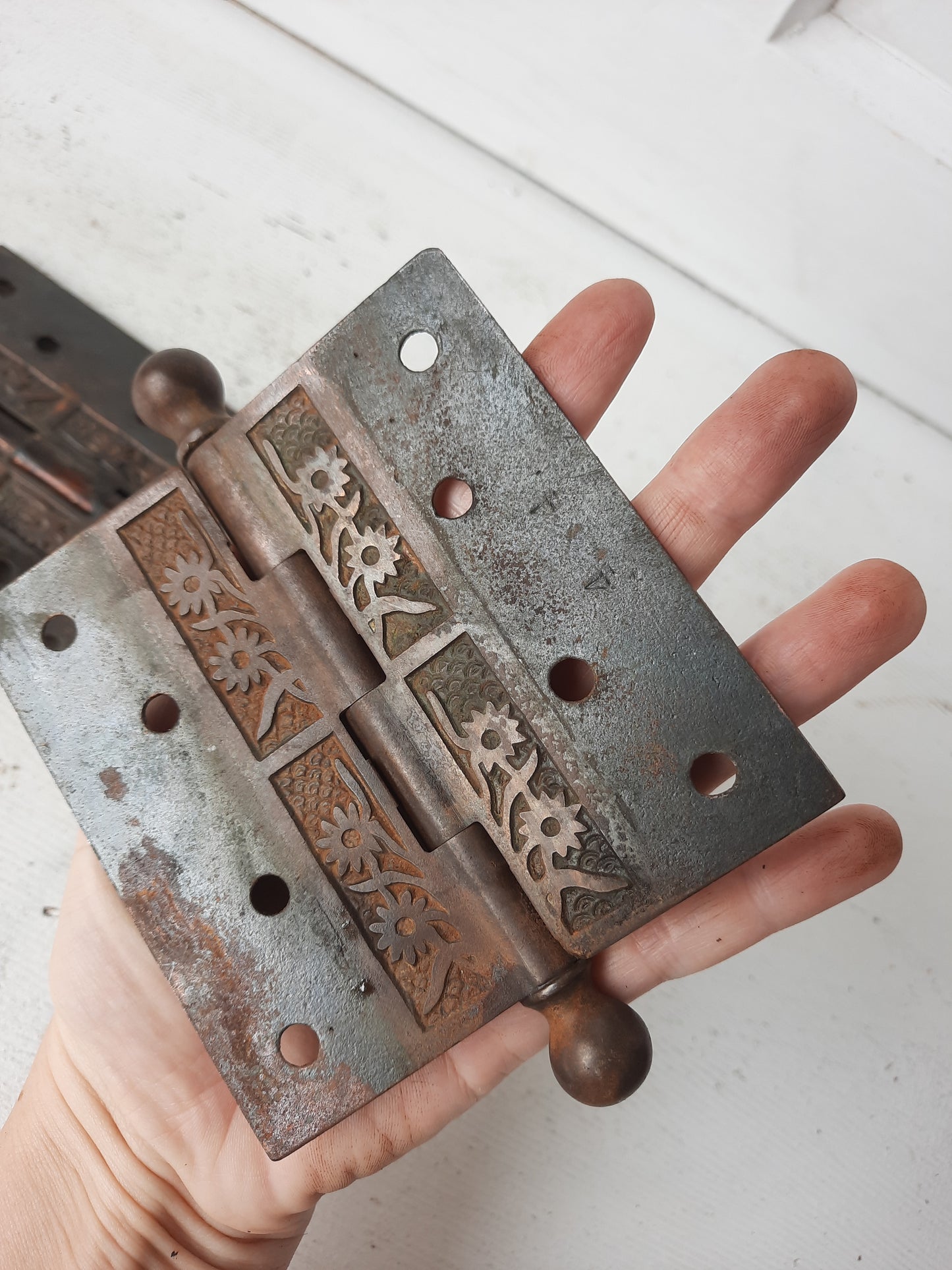 Two Ornate 4x4 Antique Hinges, Victorian Iron Ornate Pattern Door Hinges