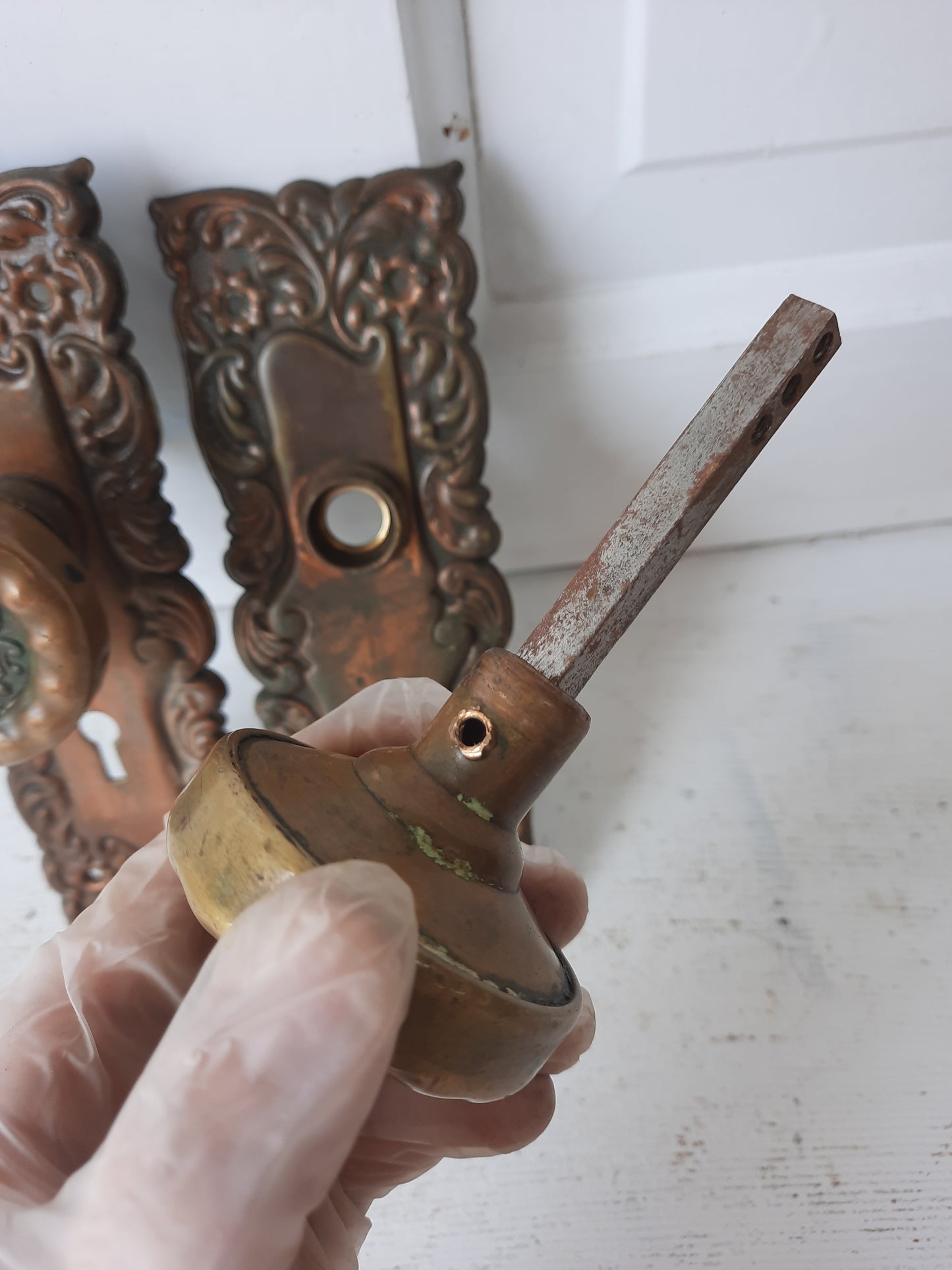 Eulalia Brass Hardware Set with Doorknob and Plates, Set of Victorian Floral Pattern Knobs and Backplates