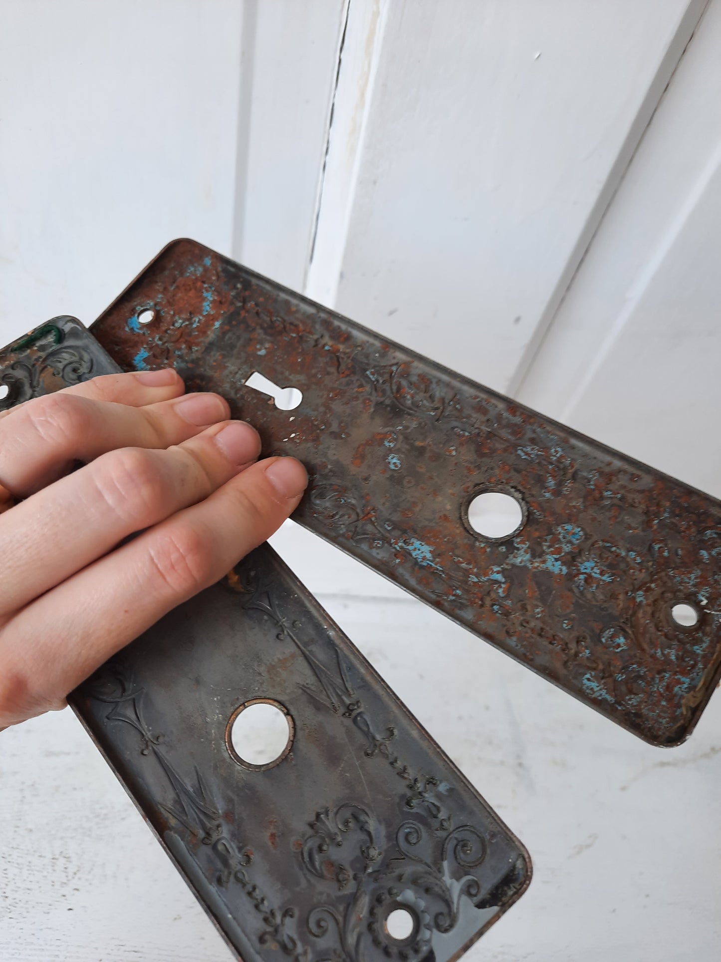 Victorian Era Bronze or Brass Hardware Set, Antique Flower Design Door Knobs and Plates