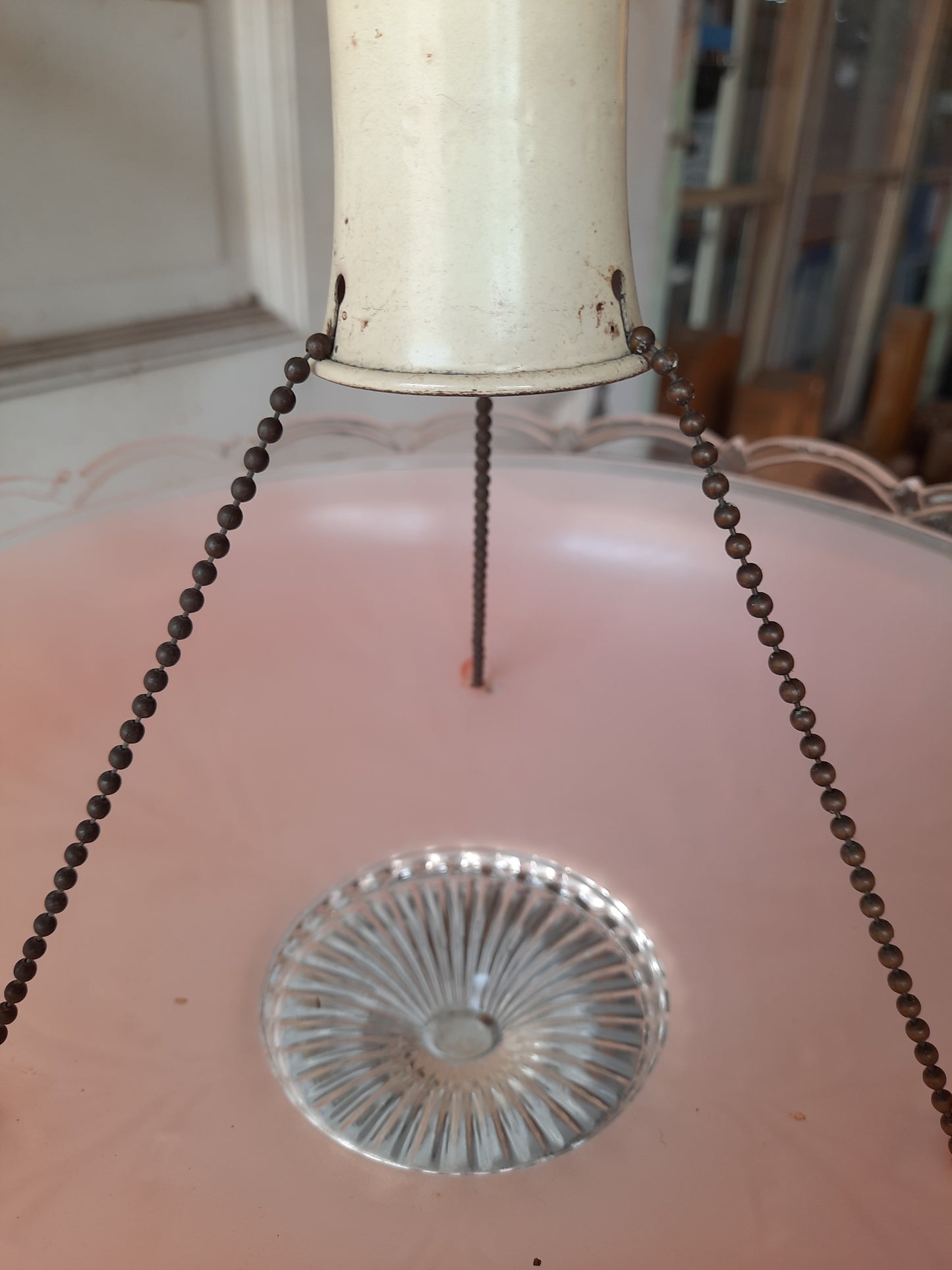 Vintage Three Chain Pink Glass Light Fixture, Semi Flush Vintage Molded Pink Shade Light