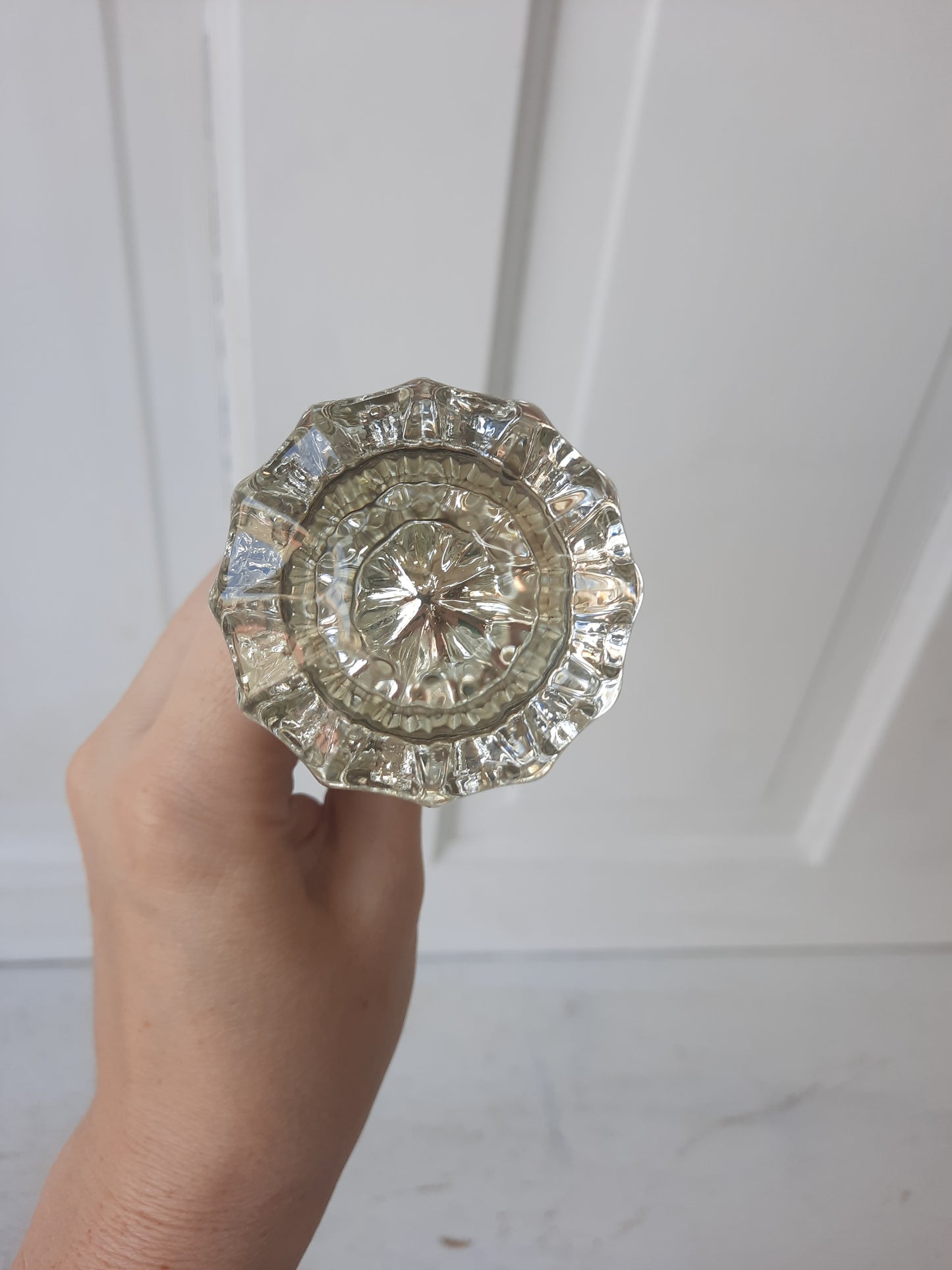 Twelve Point Antique Glass Doorknob Set, Crystal Door Knob Pair with Brass Shanks