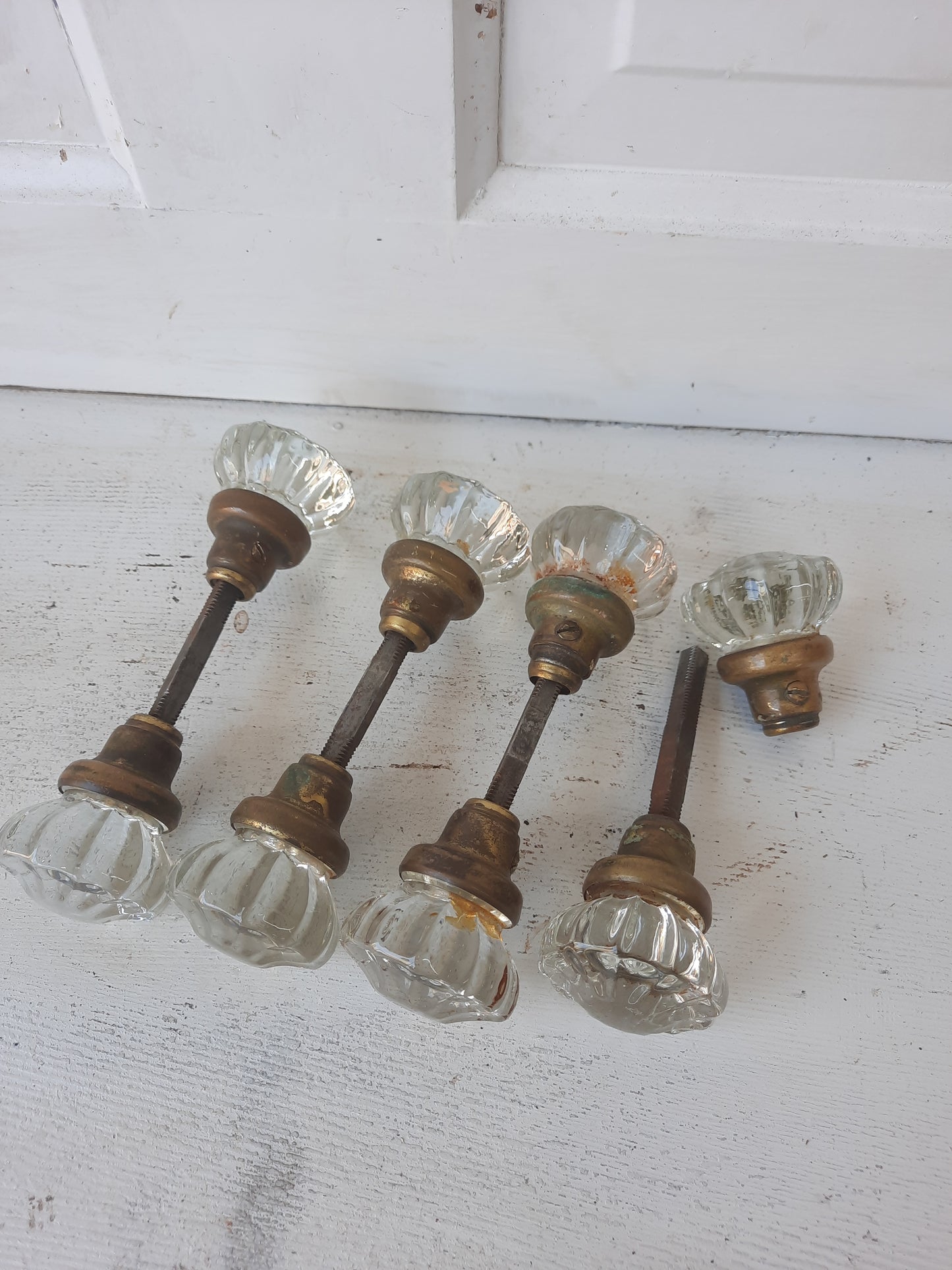Twelve Point Antique Glass Doorknob Set, Crystal Door Knob Pair with Brass Shanks