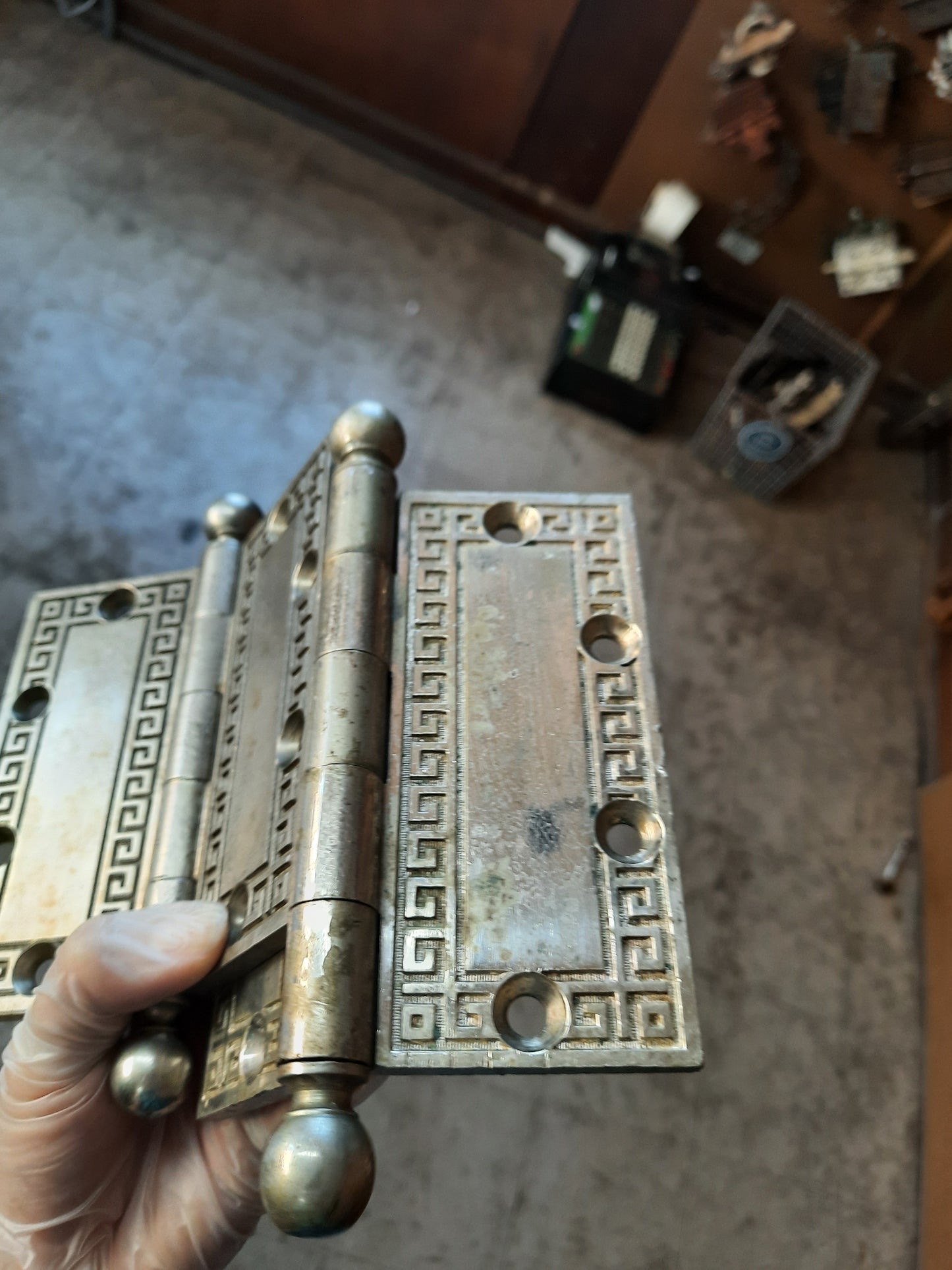 Solid Yale Silver Antique Hinges, Ornate 4 1/2" Hinges Greek Key Pattern 072702