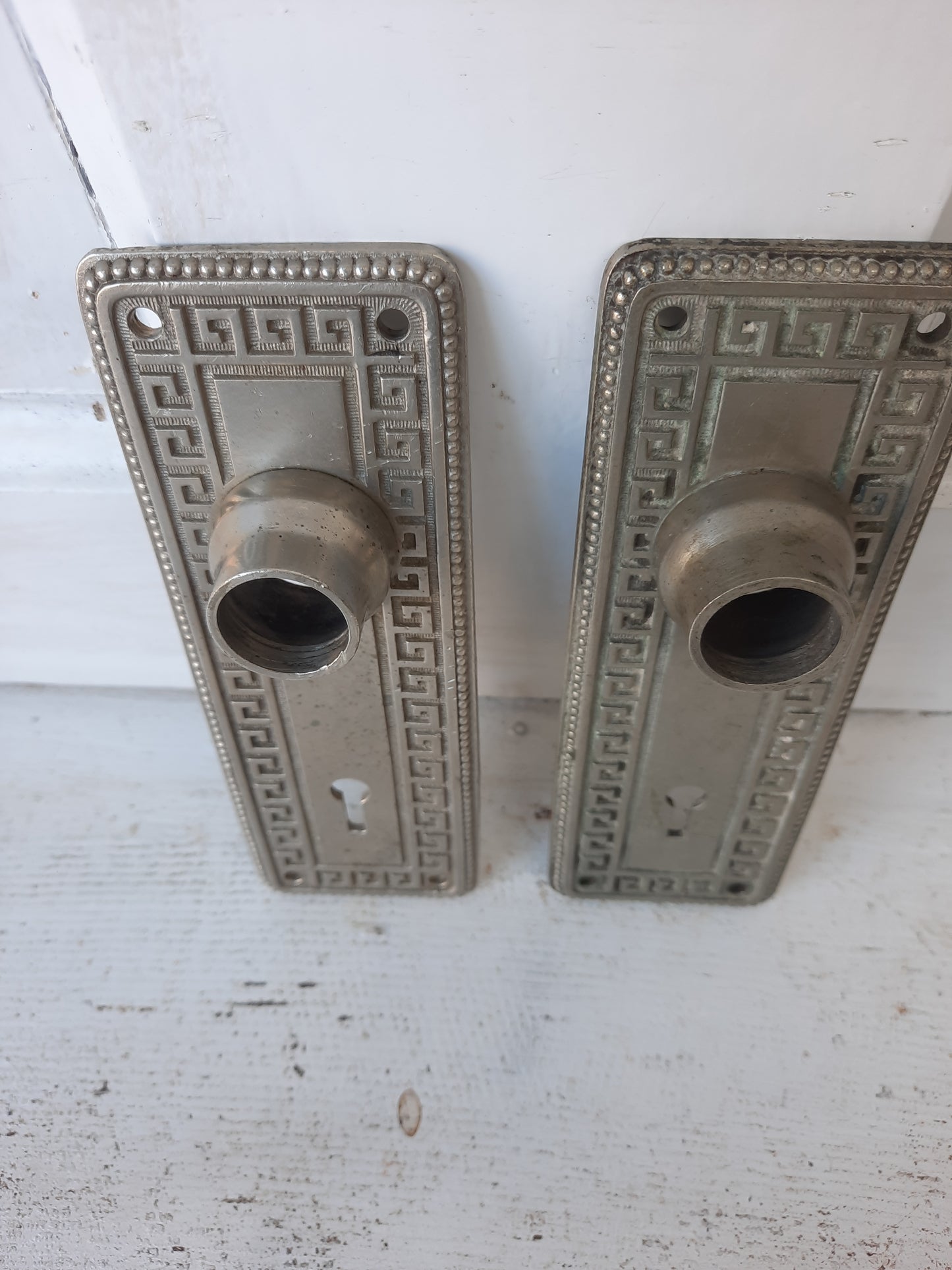 Yale Silver Antique Door Plates Set with Greek Key Design, Silver BackPlates or Escutcheons