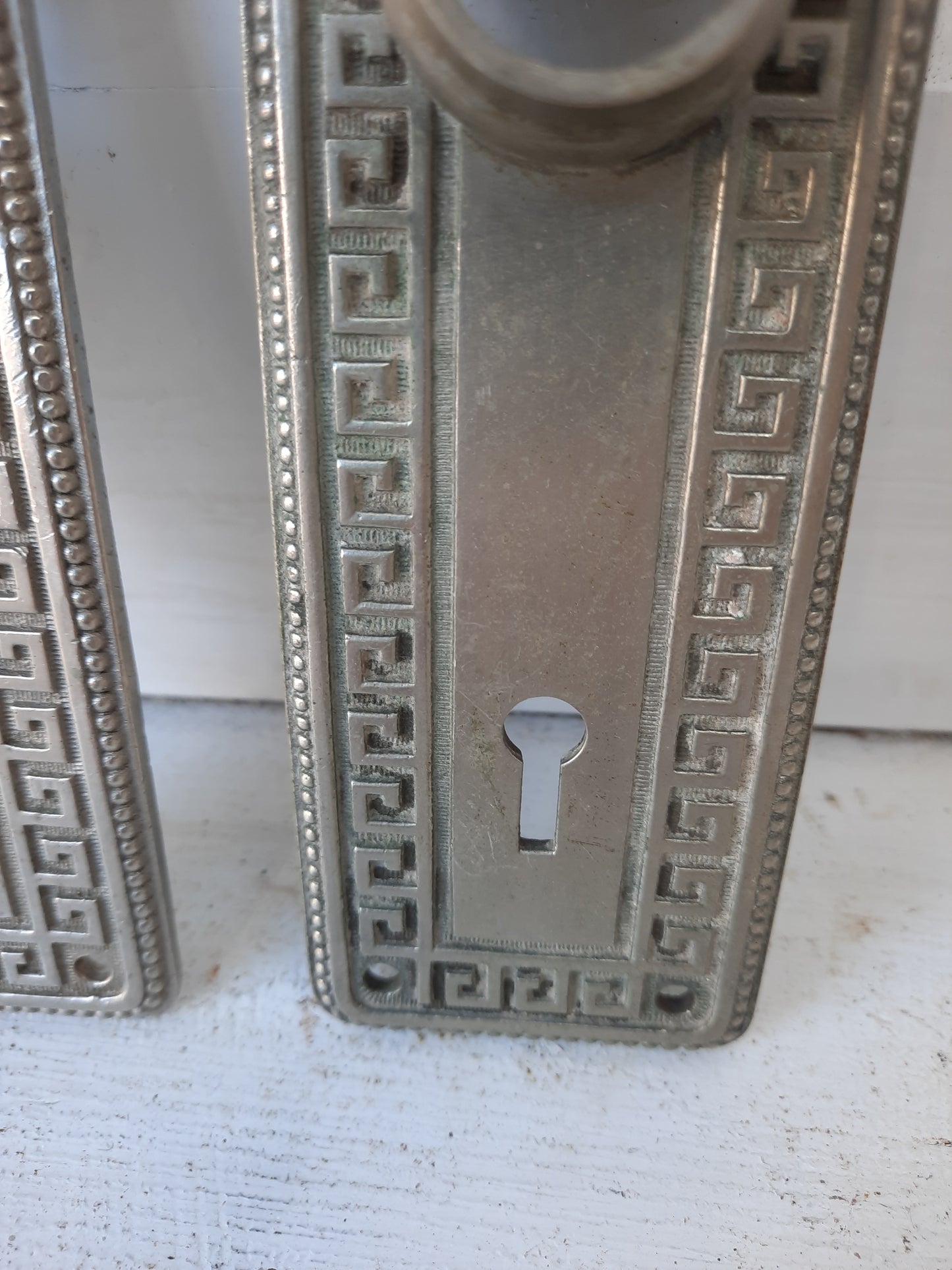 Yale Silver Antique Door Plates Set with Greek Key Design, Silver BackPlates or Escutcheons