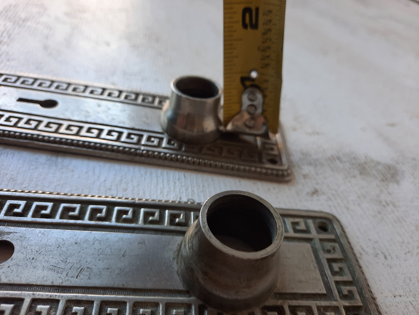 Yale Silver Antique Door Plates Set with Greek Key Design, Silver BackPlates or Escutcheons